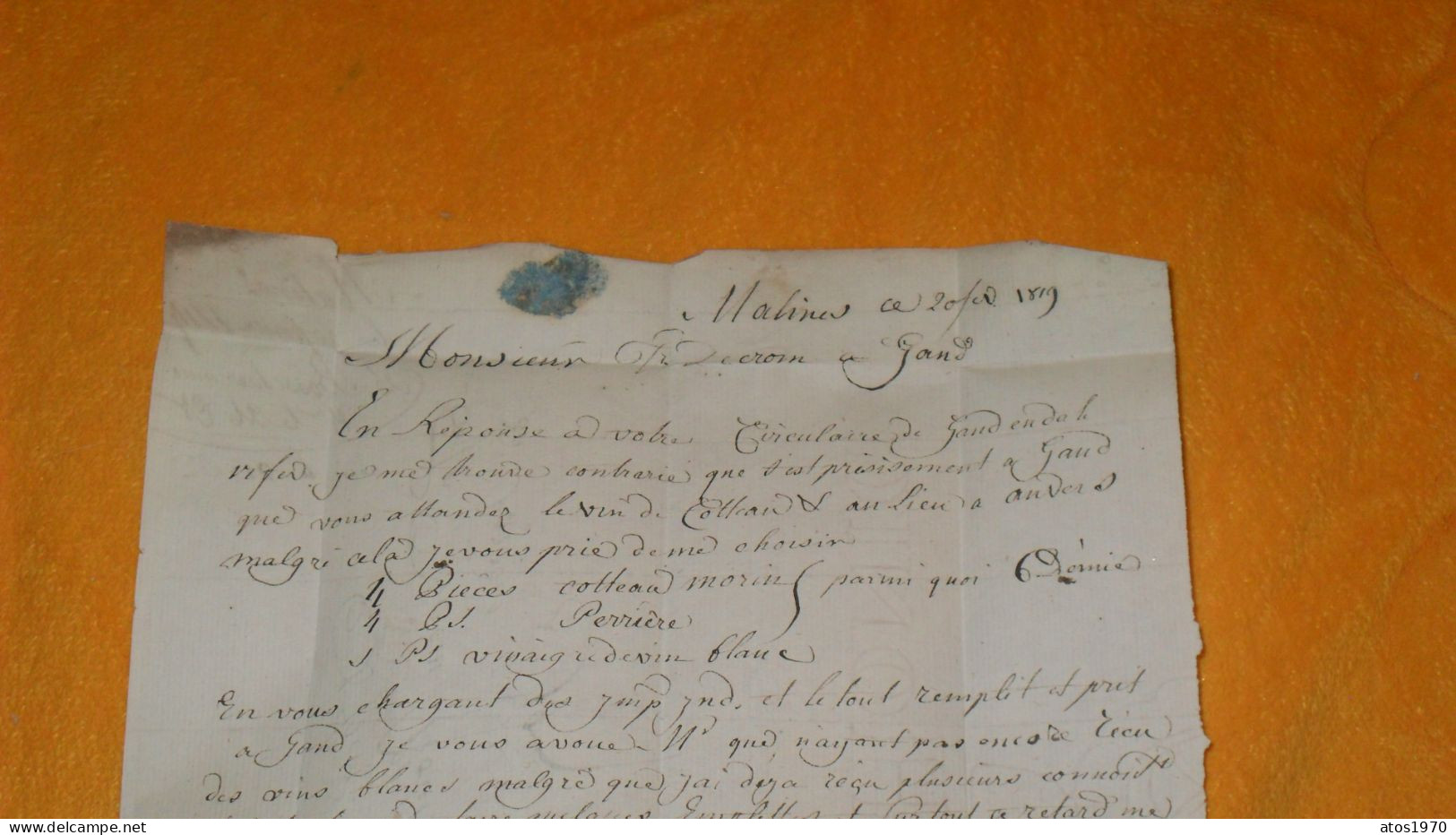 LETTRE ANCIENNE DE 1819../ ECRITE DE MALINES..MARQUE EN ROUGE MECHELEN POUR GAND..BELGIQUE + TAXE.. - 1815-1830 (Hollandse Tijd)