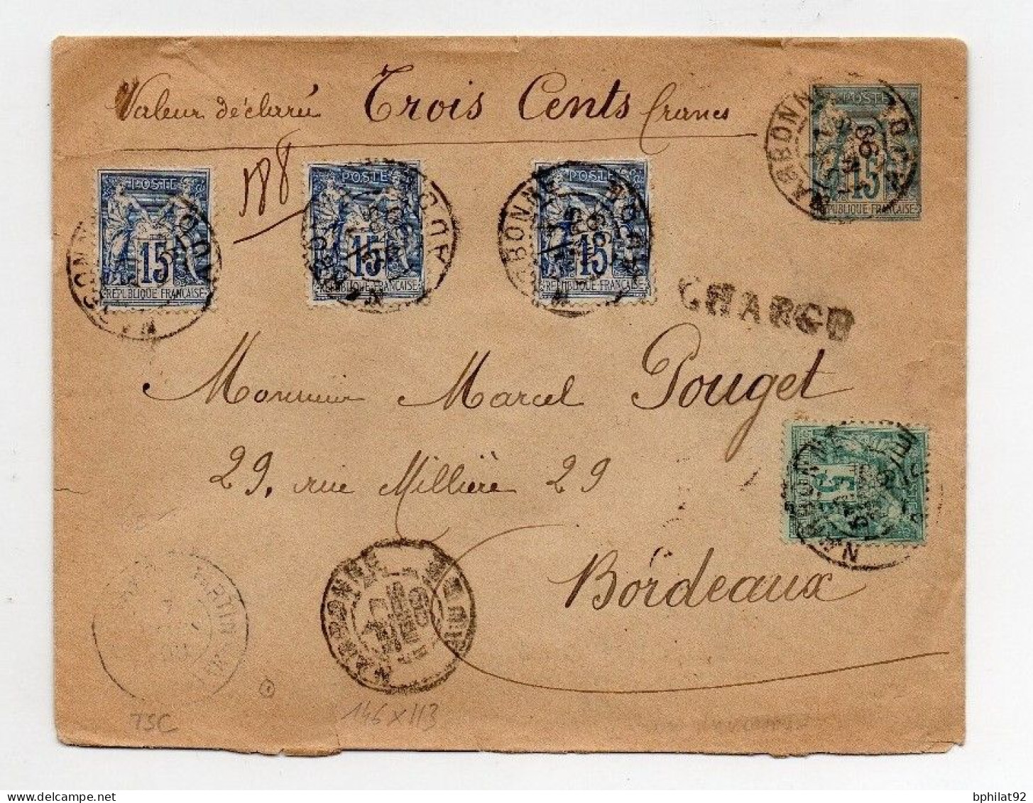 !!! ENTIER POSTAL 15C SAGE TSC ( TAILLE DE L'ENVELOPPE 146 X 113) RECOMMANDE DE NARBONNE DE 1899 - Enveloppes Types Et TSC (avant 1995)