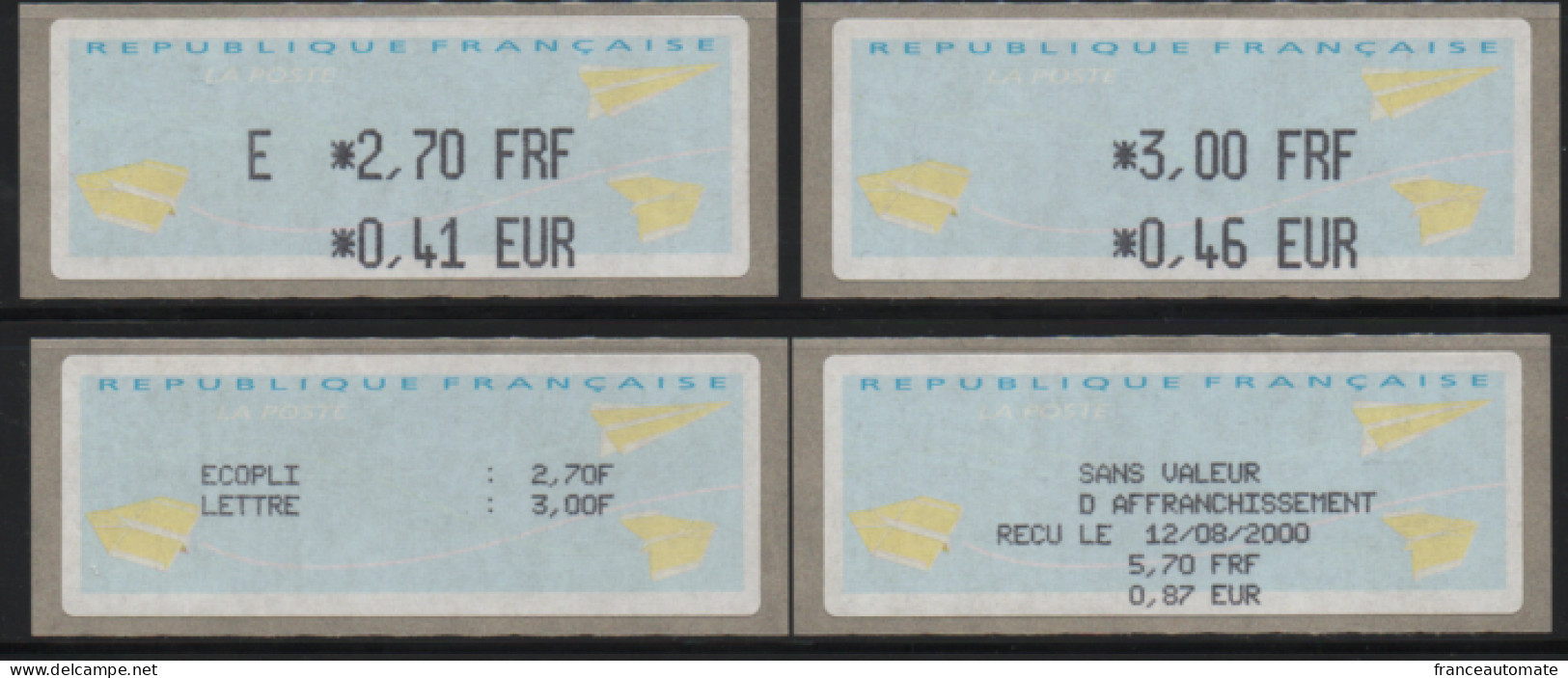 4 Atms, LISA1, ENCRE NOIRE, E 2.70FRF/0.41EUR, 3.00FRF/0.46EUR, TARIFS Du 12/ 08/ 2000, RECU  Et LISTE En FRANCAIS. - 2000 « Avions En Papier »