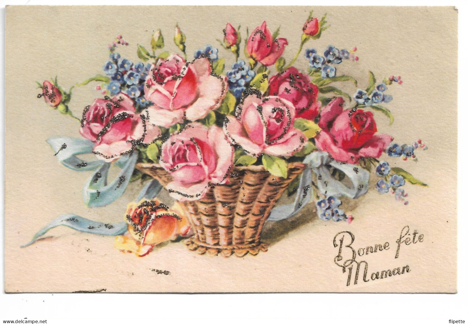 L150C0502 - Bonne Fête Maman - Jolie Composition Dans Un Panier Roses, Myosotis Et Ruban Bleu -SP Paillettes - Fête Des Mères