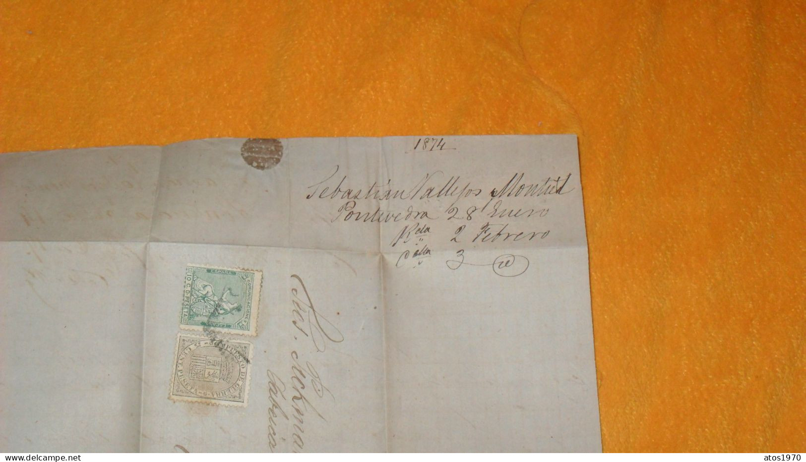 LETTRE ANCIENNE DE 1874../ SEBASTIAN VALLEJOS MONTIEL. PONTEVEDRA ..CACHETS POUR SEVILLA + TIMBRES X2 - Cartas & Documentos