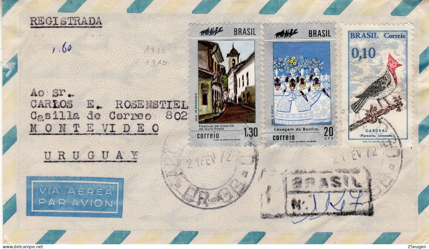 BRAZIL 1972 AIRMAIL R -  LETTER SENT TO MONTEVIDEO - Briefe U. Dokumente