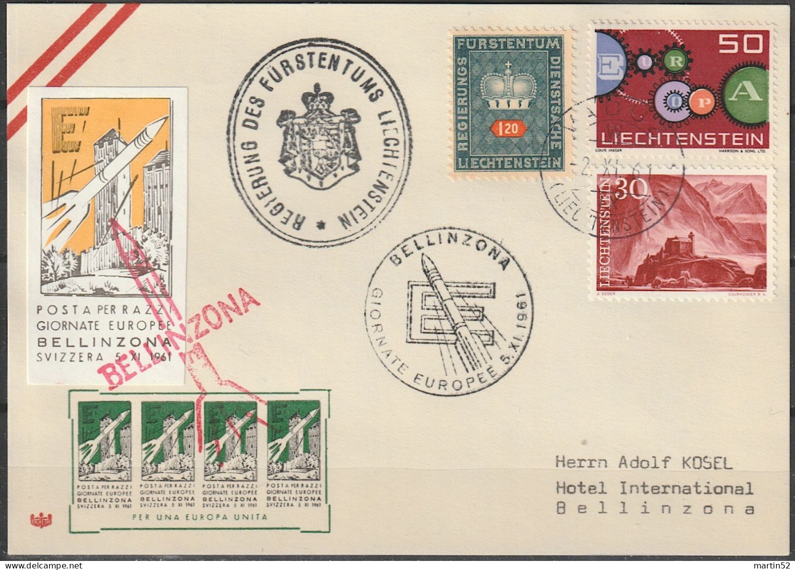 Liechtenstein 1961: POSTA PER RAZZI GIORNATE EUROPEE BELLINZONA 5.XI.1961 REGIERUNGS-DIENSTSACHE Mit ⊙ VADUZ 30.X.61 - Dienstmarken