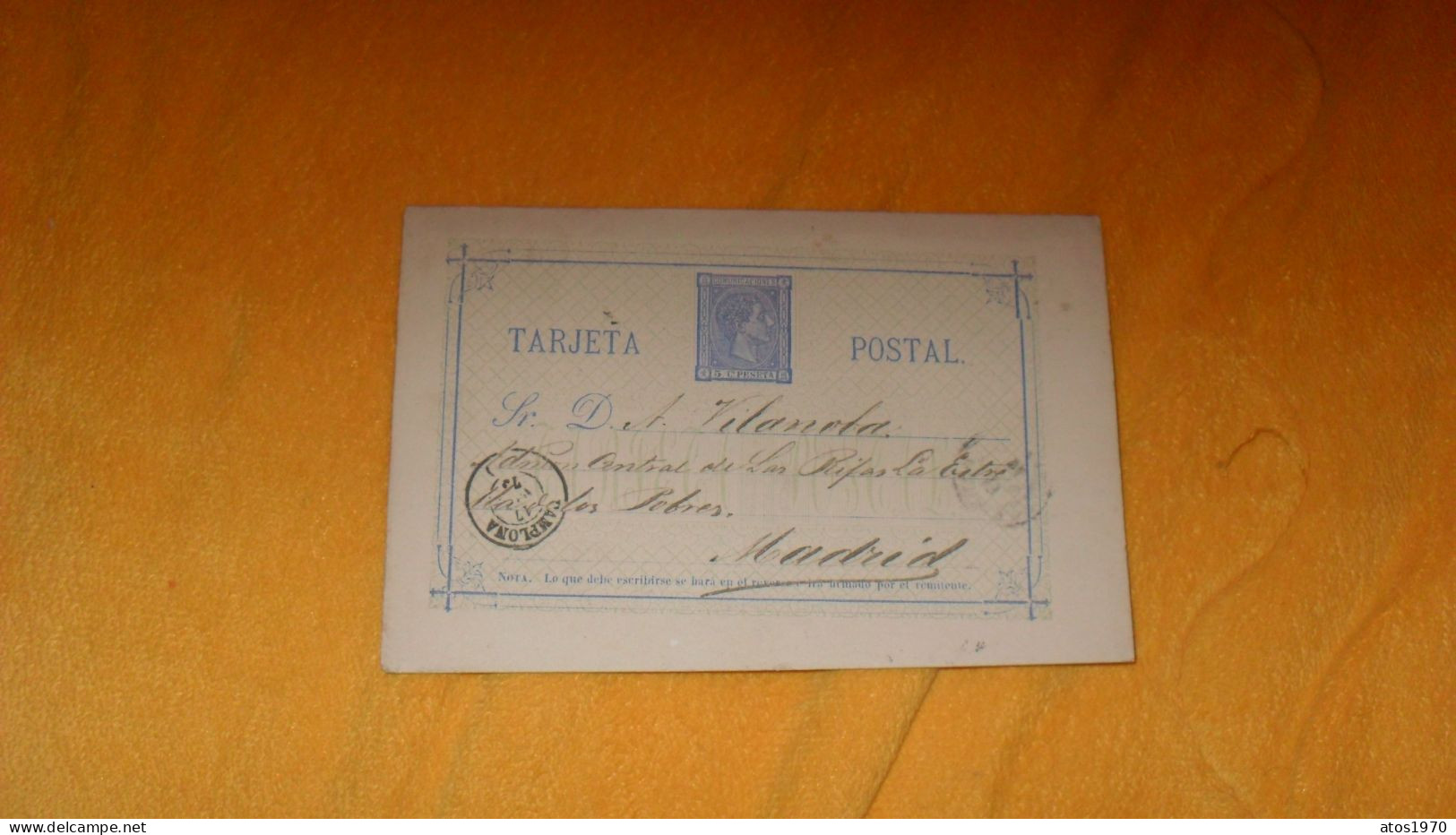 CARTE POSTALE ANCIENNE DE 1875../ MARIANO GABAS PAMPLONA..CACHETS PAMPLONA POUR MADRID + TIMBRE ENTIER 5C - Lettres & Documents