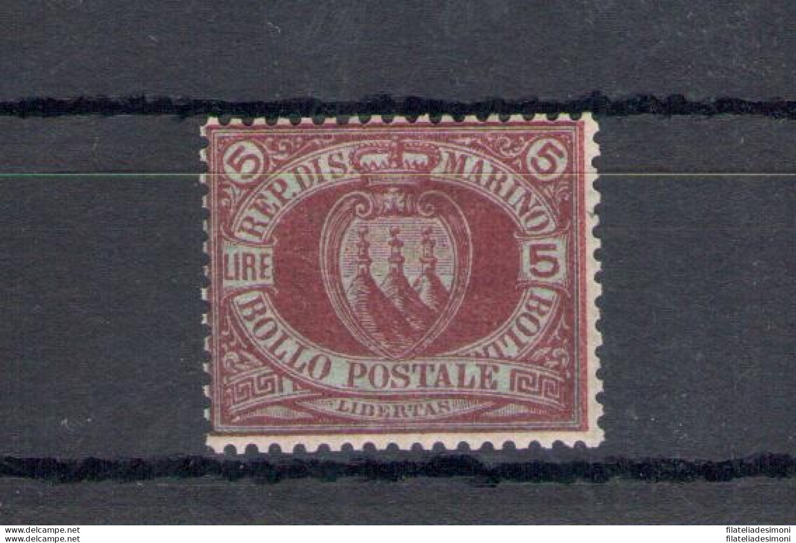 1892-94 SAN MARINO, N. 22 - 5 Lire Carminio Su Verde, MNH** - Autres & Non Classés
