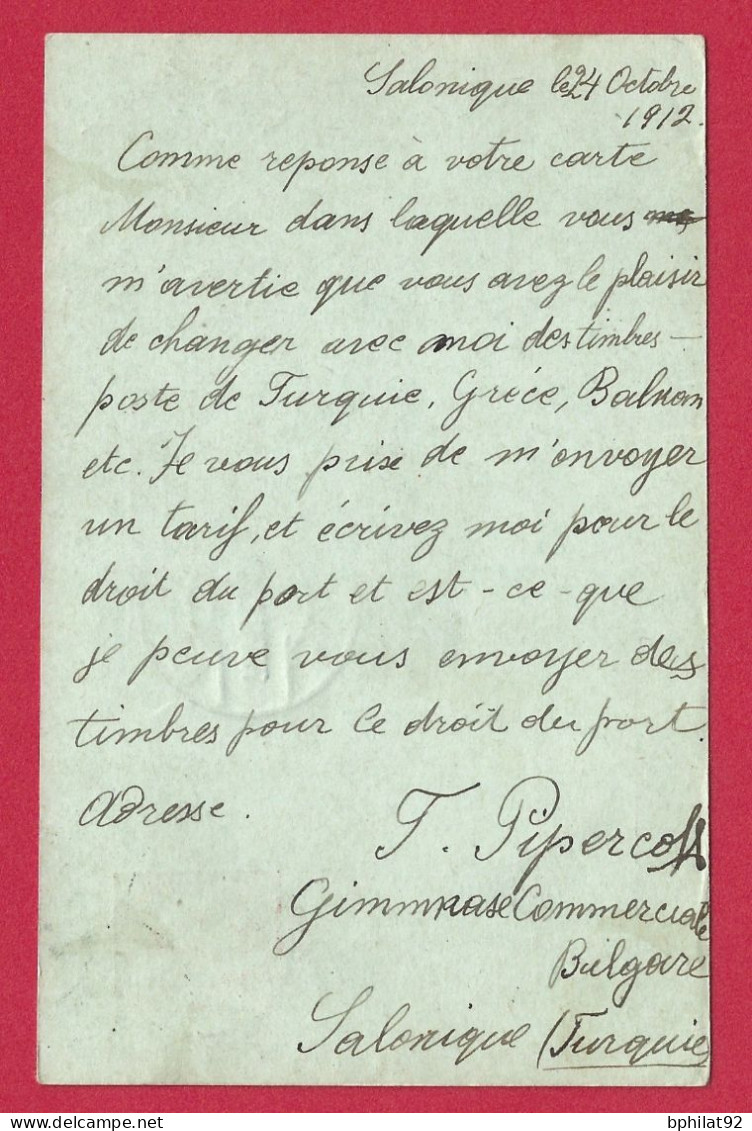 !!! ENTIER POSTAL DE SALONIQUE, TURQUIE, POUR LES PAYS-BAS, DE 1912 - Briefe U. Dokumente