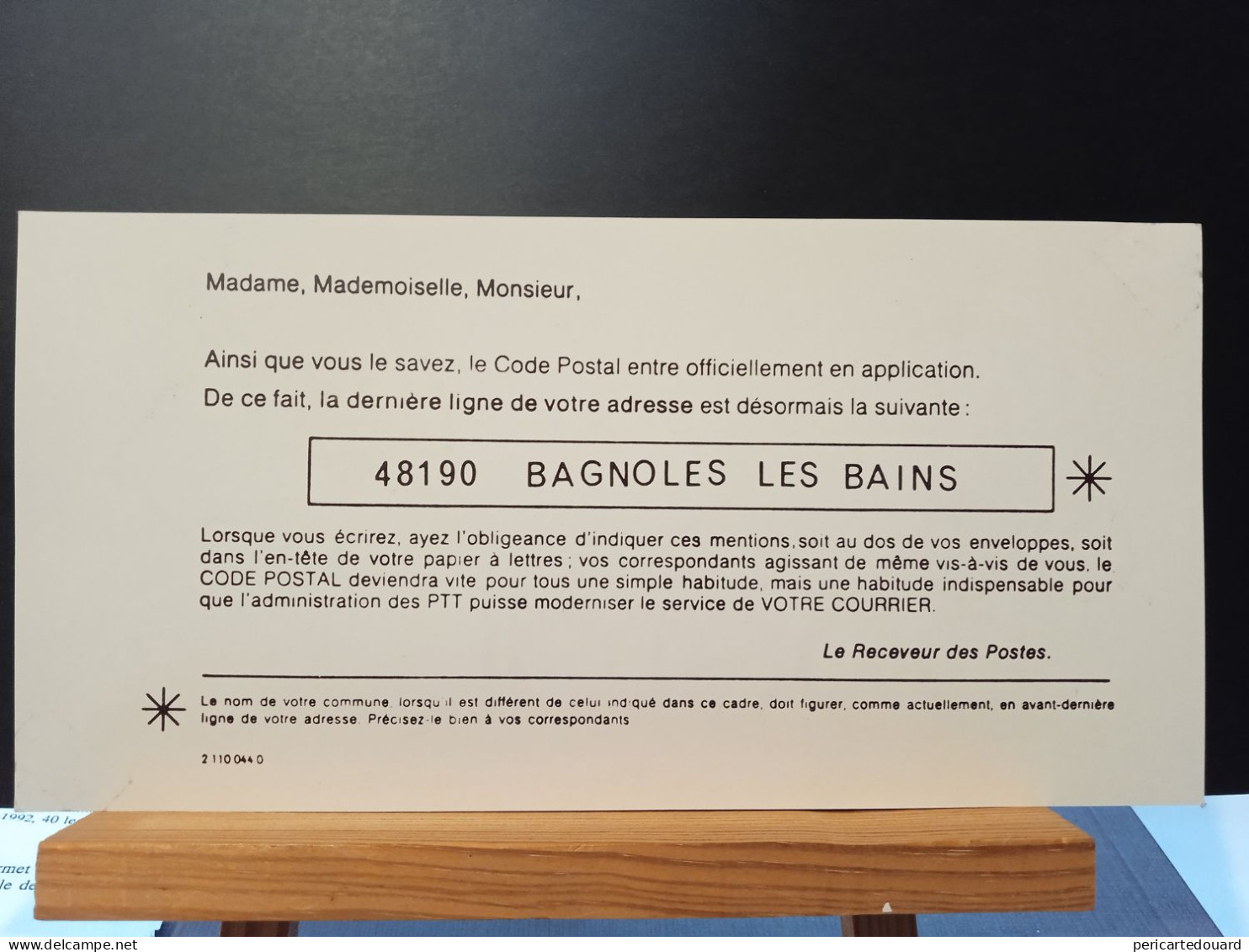 Code Postal. Carte Blanche D'information Des PTT Pour Le  48190  BAGNOLES Les BAINS. Oblitérée Au Recto - Briefe U. Dokumente