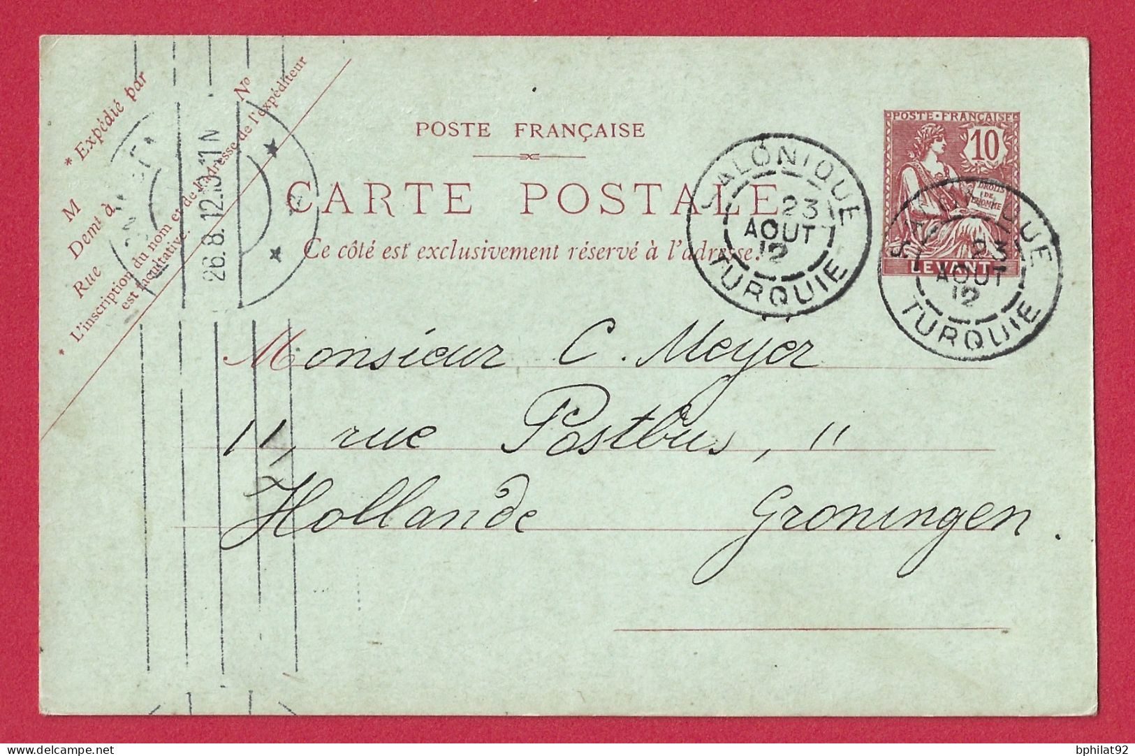 !!! ENTIER POSTAL DE SALONIQUE, TURQUIE, POUR LES PAYS-BAS, DE 1912 - Storia Postale