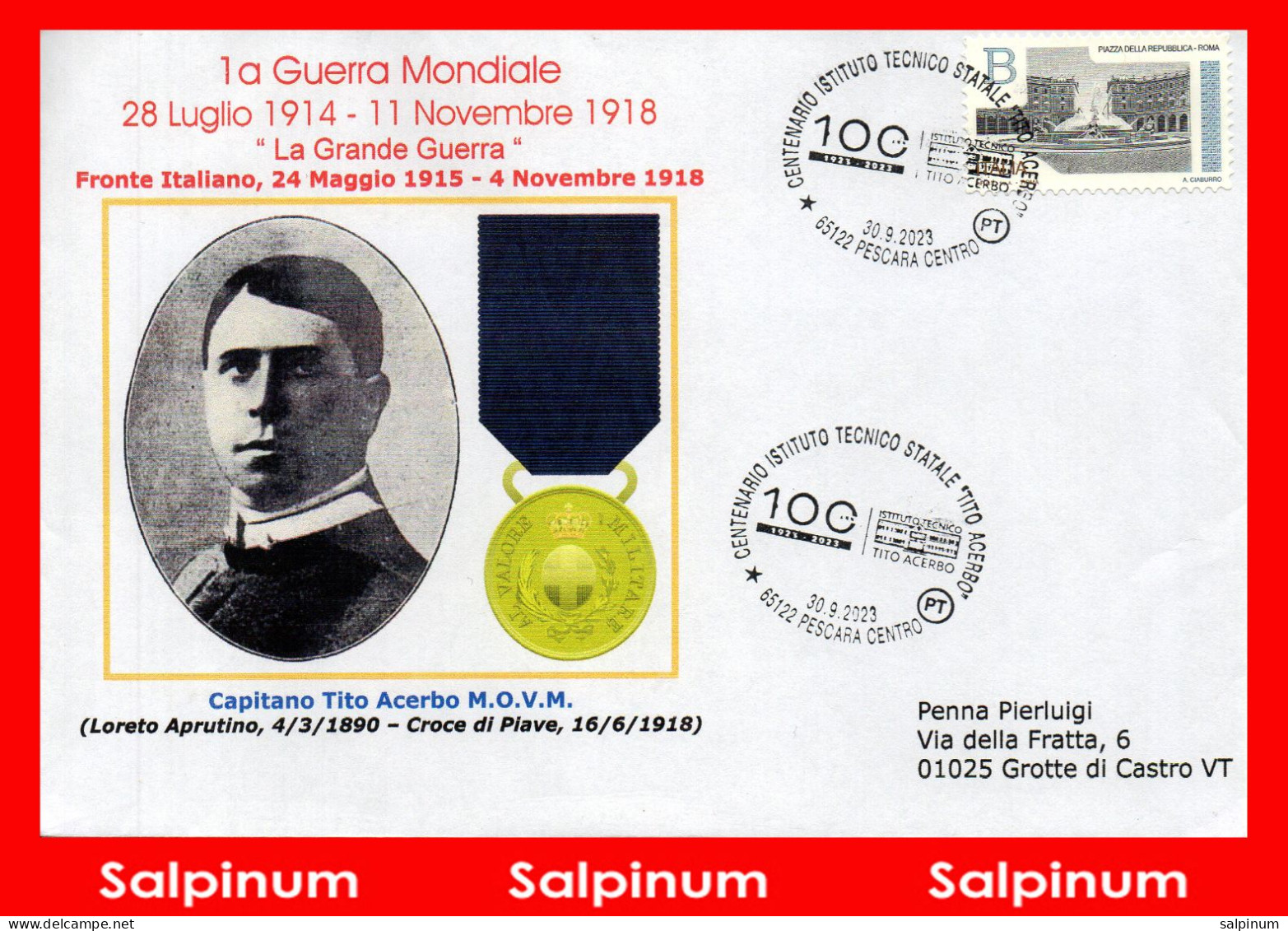 ANNULLO GRANDE GUERRA ACERBO TITO M.O.V.M. - 2021-...: Storia Postale