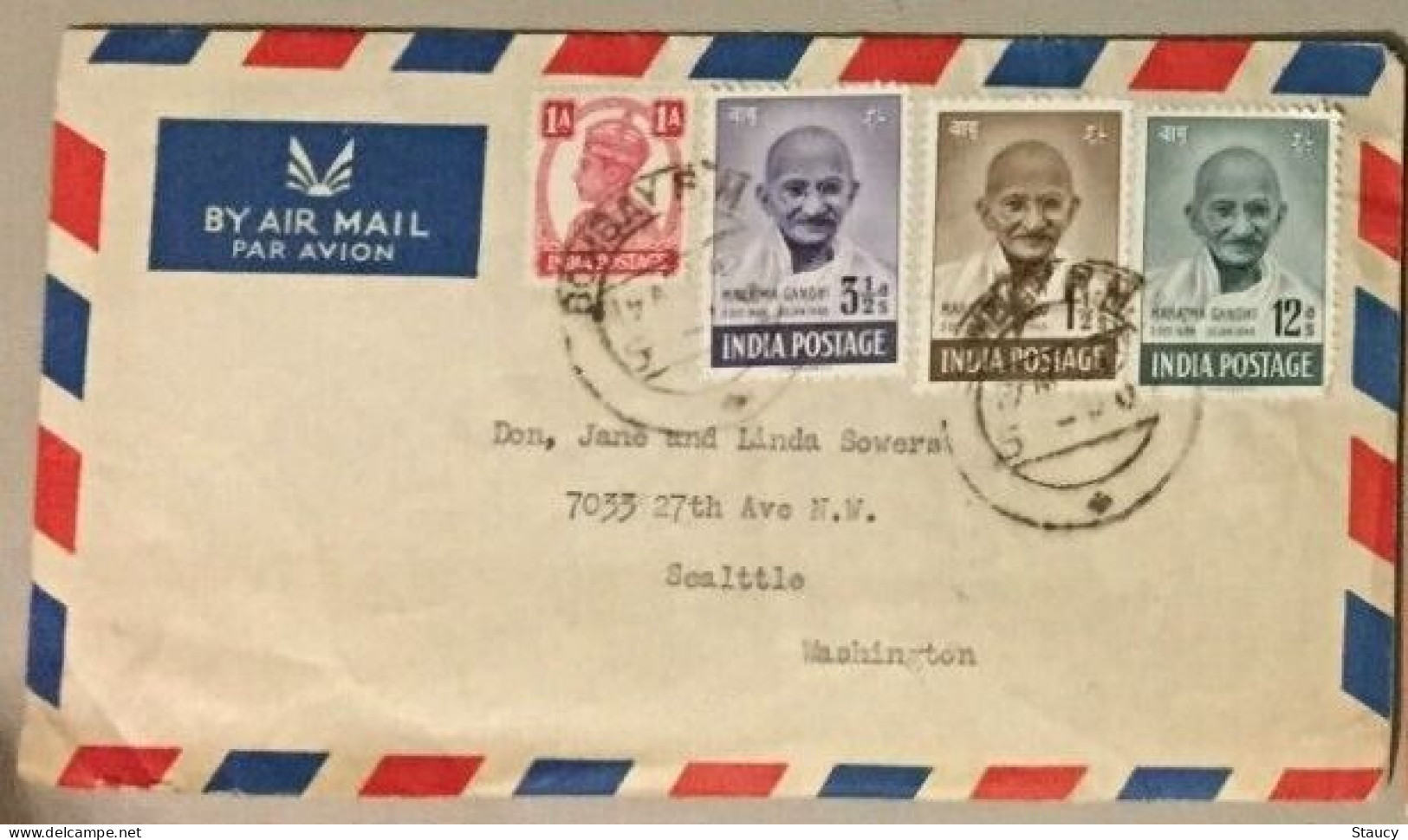 India 1948 Mahatma Gandhi 3v Mourning Issue COVER BOMBAY To WASHINGTON, U.S.A  As Per Scan Ex Rare - Brieven En Documenten