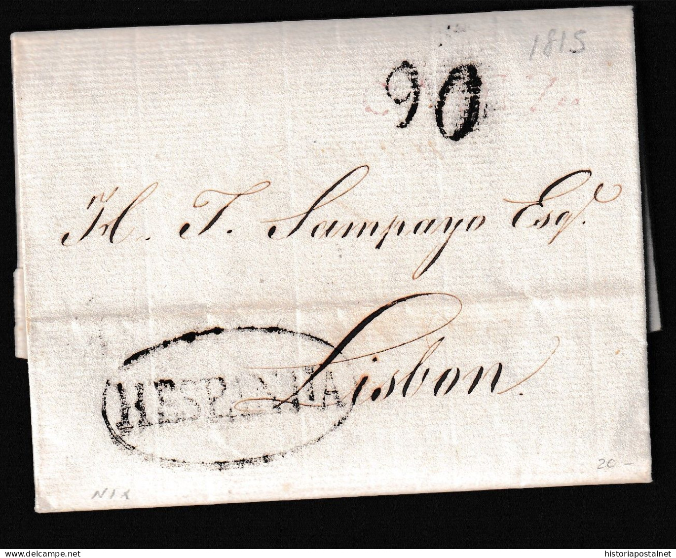 1811 CADIZ (ESPAÑA) A LISBOA. Marca De Origen En Rojo Ilegible Y “HESPANHA” Recercada En Negro Y Porteo “90” Reis. - ...-1853 Prephilately