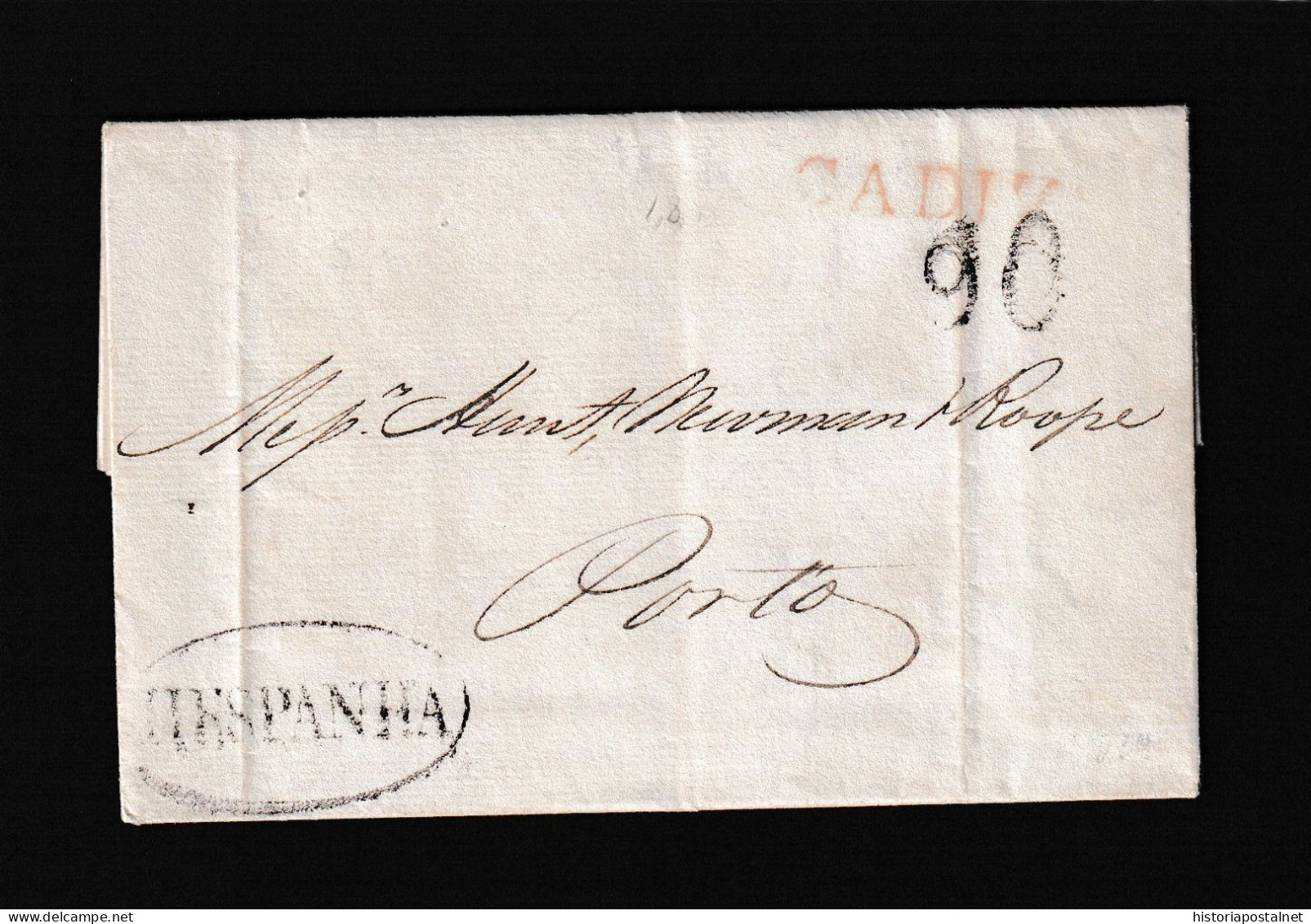 1816 CADIZ (ESPAÑA) A LISBOA. Marca De Origen En Rojo Poco Legible Y “HESPANHA” Recercada En Negro Y Porteo “90” Reis. - ...-1853 Prephilately