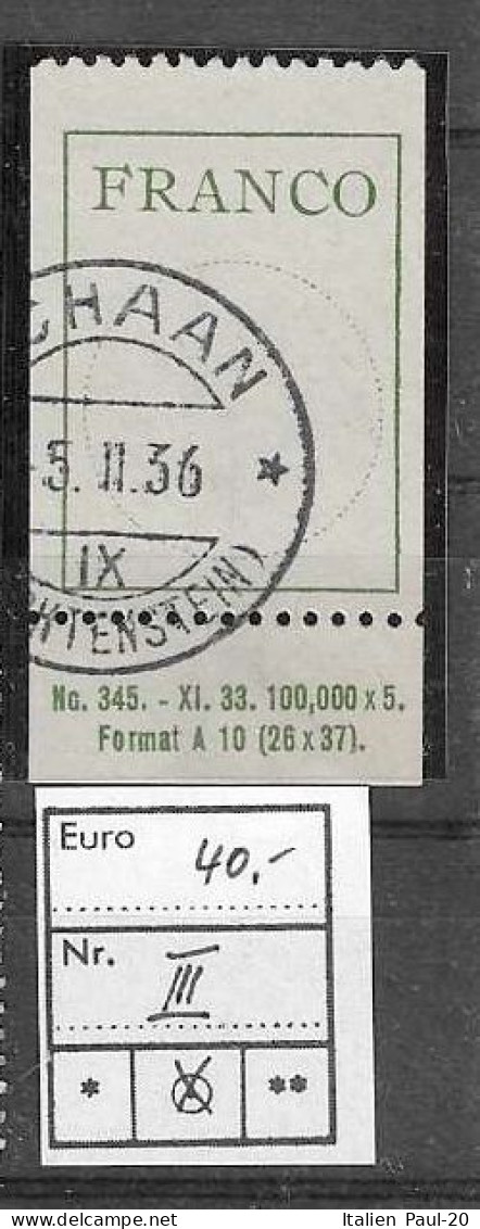 Liechtenstein - Selt./gest. Franco-Zettel Aus 1936 - Michel III! - Gebraucht