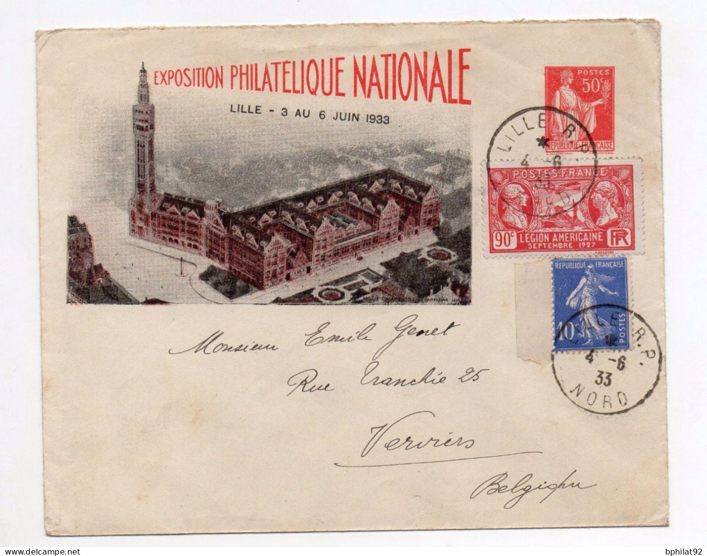 !!! ENTIER POSTAL 50C PAIX TSC EXPOSITION DE LILLE + COMPLTS AFFRANCH POUR LA BELGIQUE - Enveloppes Types Et TSC (avant 1995)