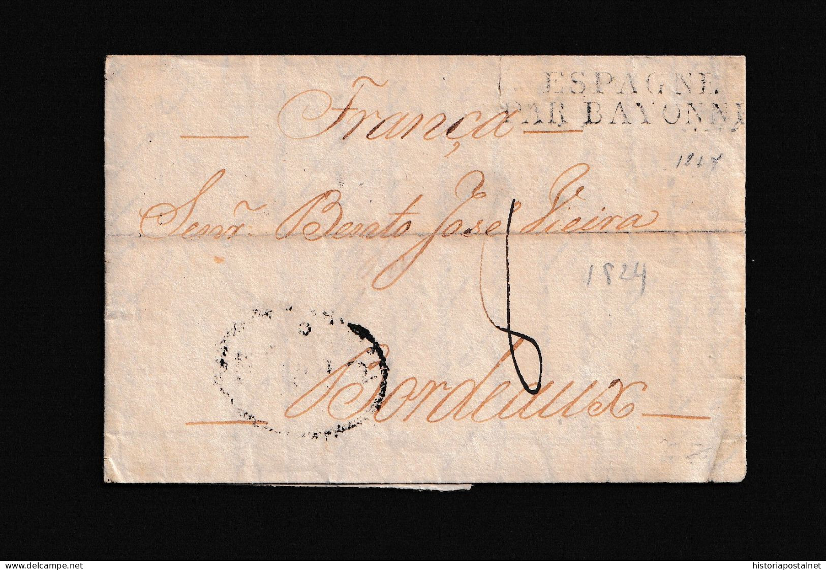 1824 VILLA DO CONDE  A BURDEOS (FRANCIA). Marca “PORTO” Recercada En Negro Y Tránsito Por Bayona. Porteo Mns. “8” Décima - ...-1853 Prephilately