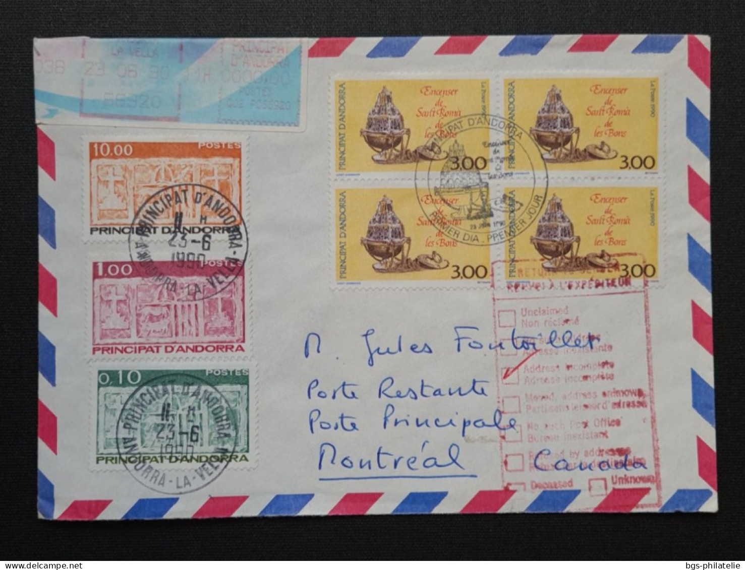 Andorre Français,  Timbres Numéros 317, 322, 337 Et 392 × 4 Sur Lettre Pour Montréal. - Storia Postale