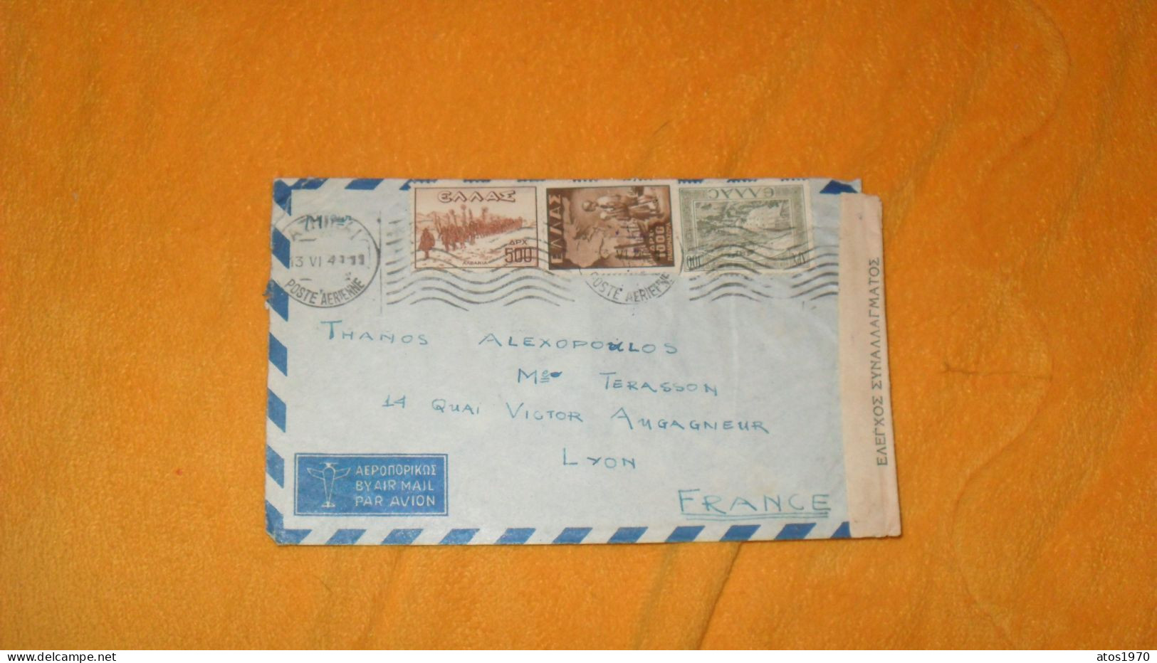 ENVELOPPE ANCIENNE DE 1941../ CACHETS MARQUE AOHNAI..CONTROLE DU CHANGE POUR LYON + TIMBRES X3 / 100, 500, 1000 APX - Storia Postale