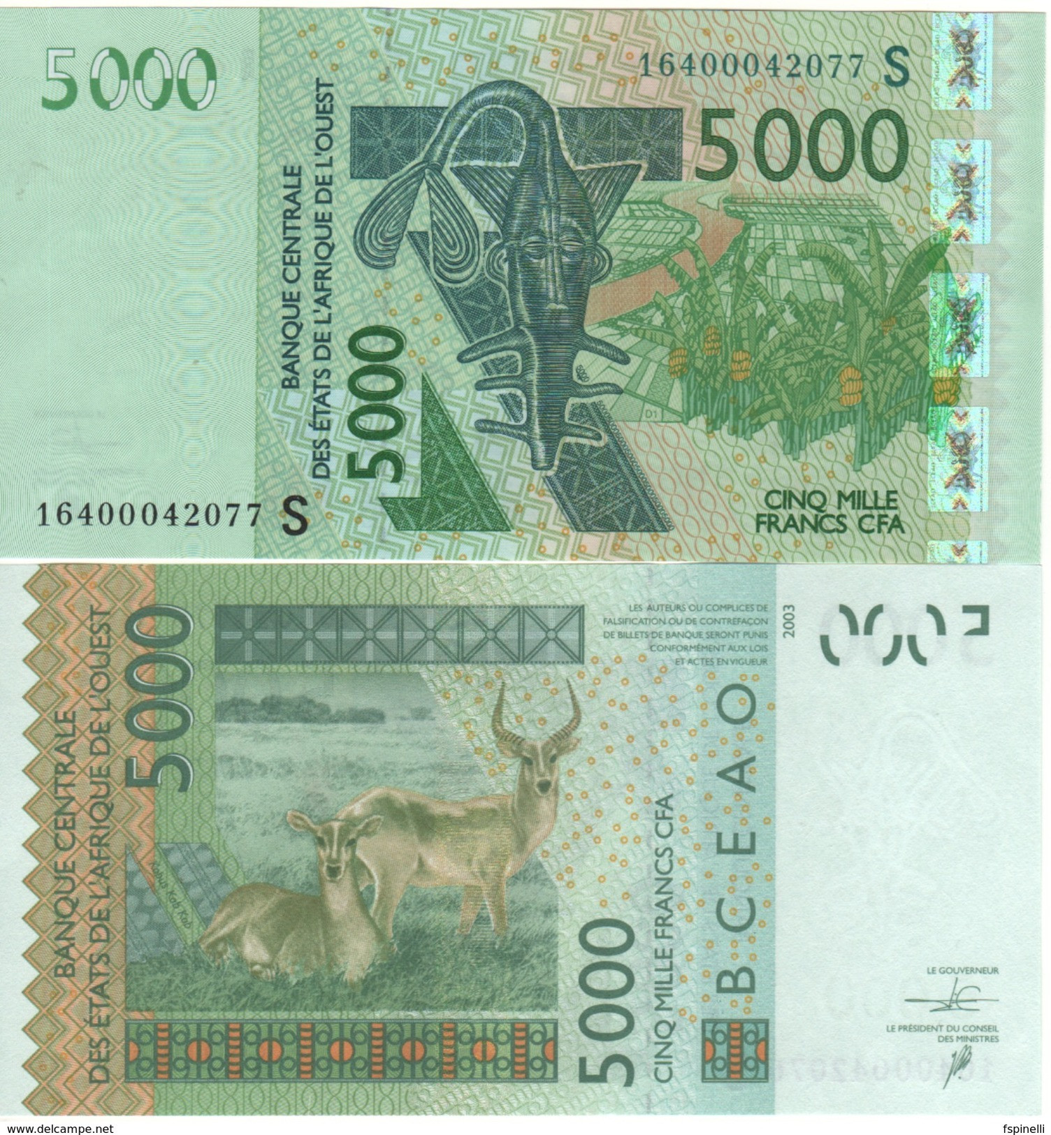 GUINEA  BISSAU   5'000 Francs  P917Sp  CFA  Issued  2016  ( Antelopes At Back ) UNC - Guinea–Bissau