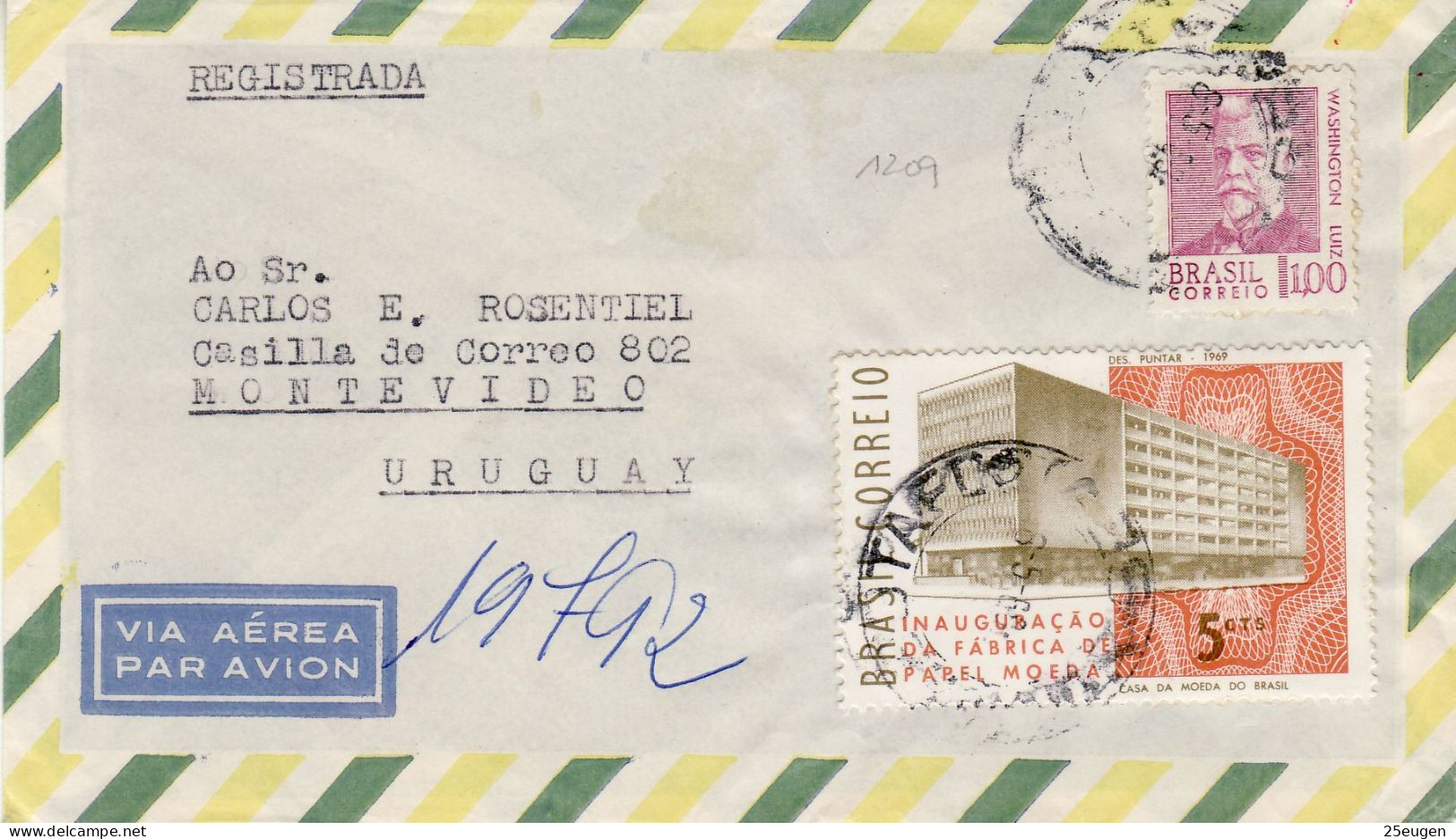 BRAZIL 1969 AIRMAIL R - LETTER SENT TO MONTEVIDEO - Brieven En Documenten