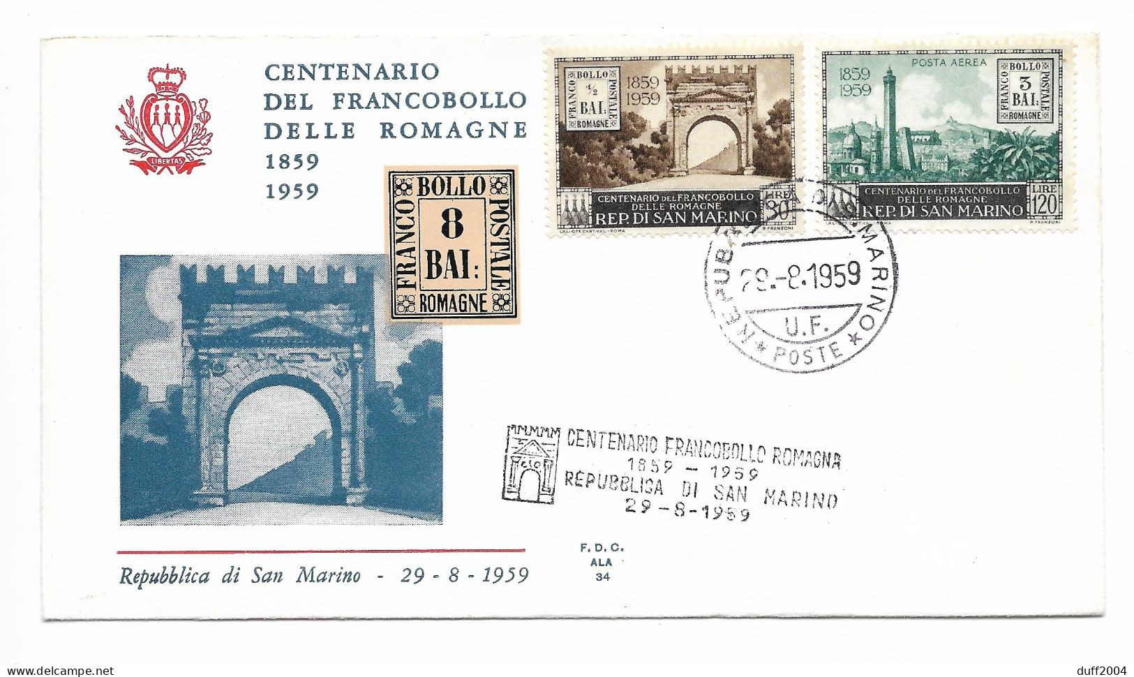 CENTENARIO DEL FRANCOBOLLO DI ROMAGNE - 29.8.1959 - - FDC