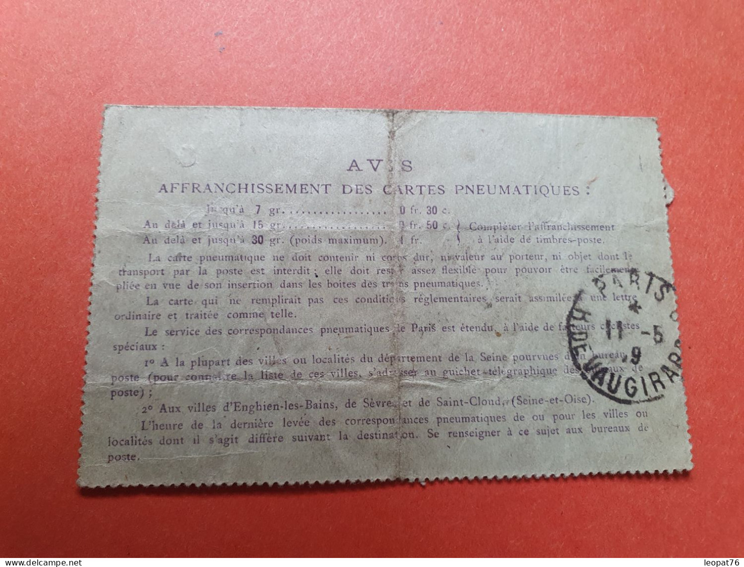 Entier Postal + Compléments De Paris Pour Paris En Pneumatique En 1919  - Réf 3178 - Neumáticos