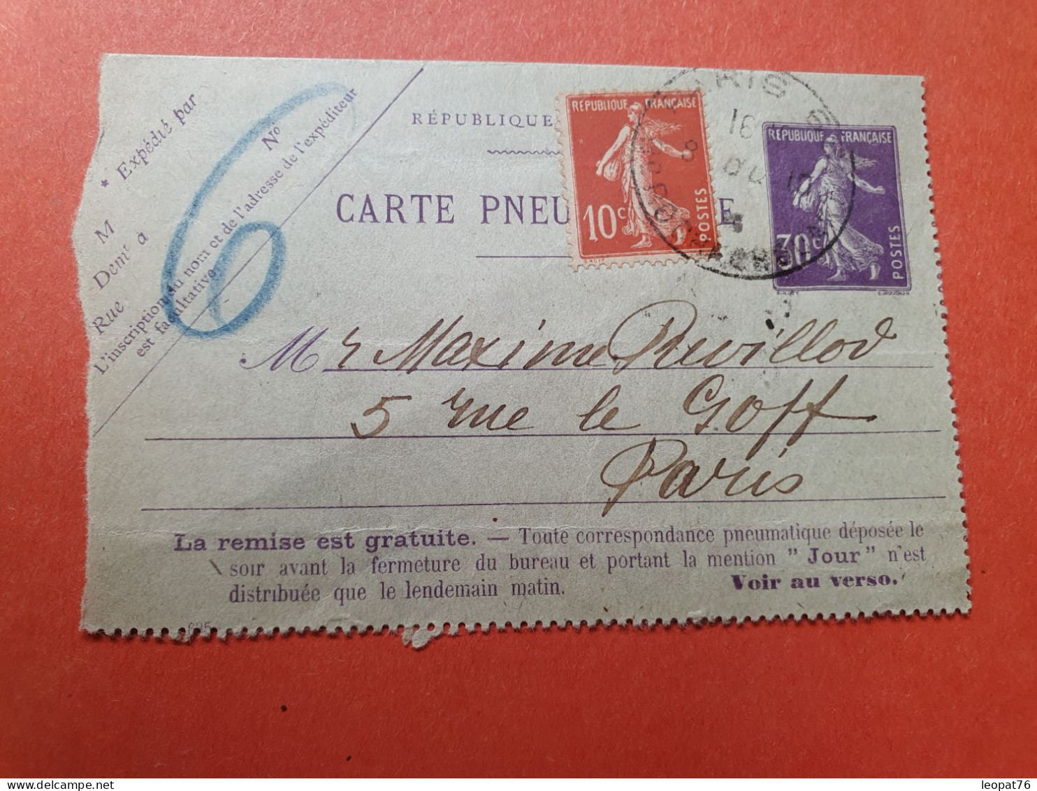 Carte Lettre Pneumatique De Paris Pour Paris En 1918 - Réf 3181 - Neumáticos