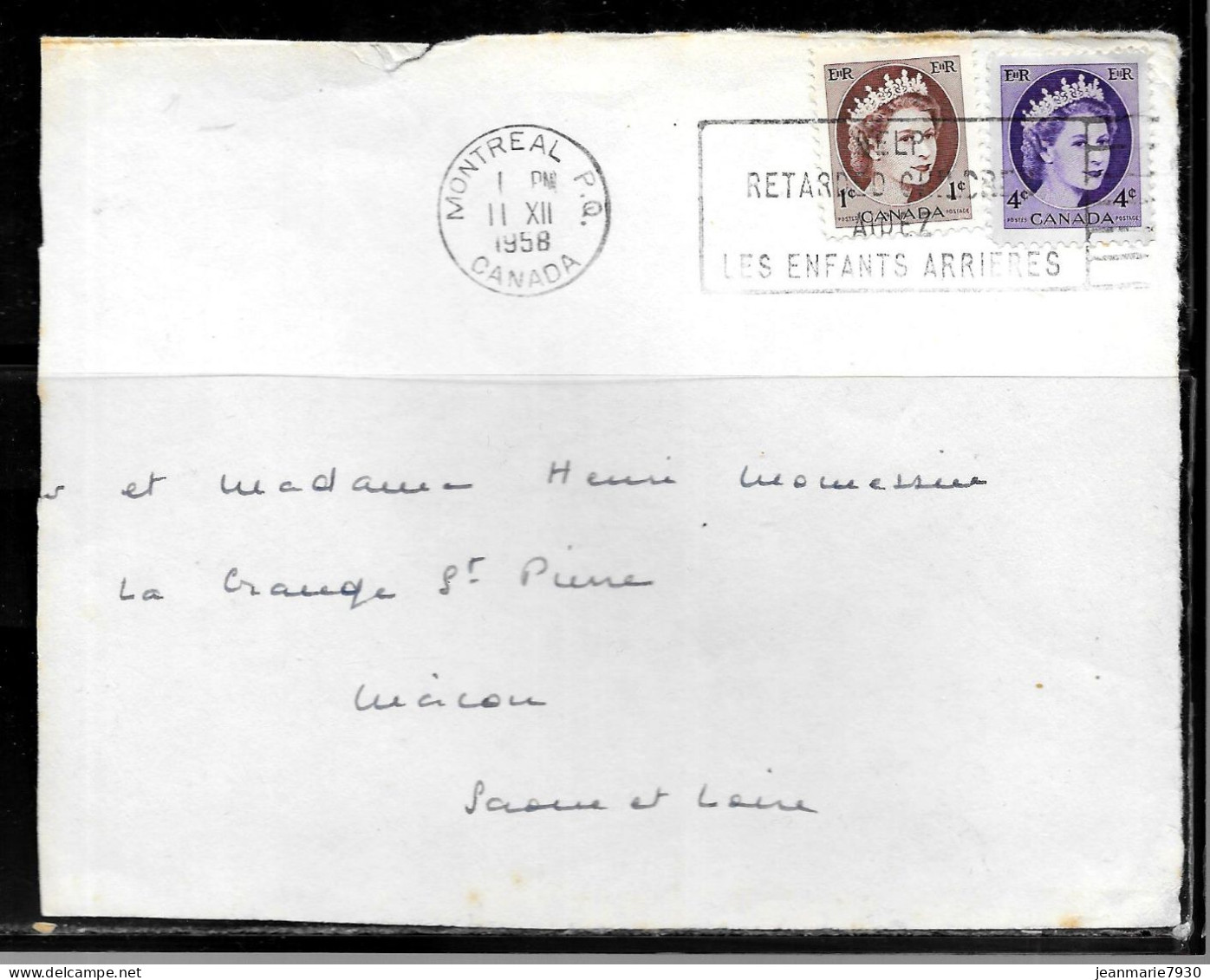 N488 - CANADA - DEVANT DE LETTRE DE MONTREAL DU 02/12/58 POUR LA FRANCE (MACON) - Cartas & Documentos