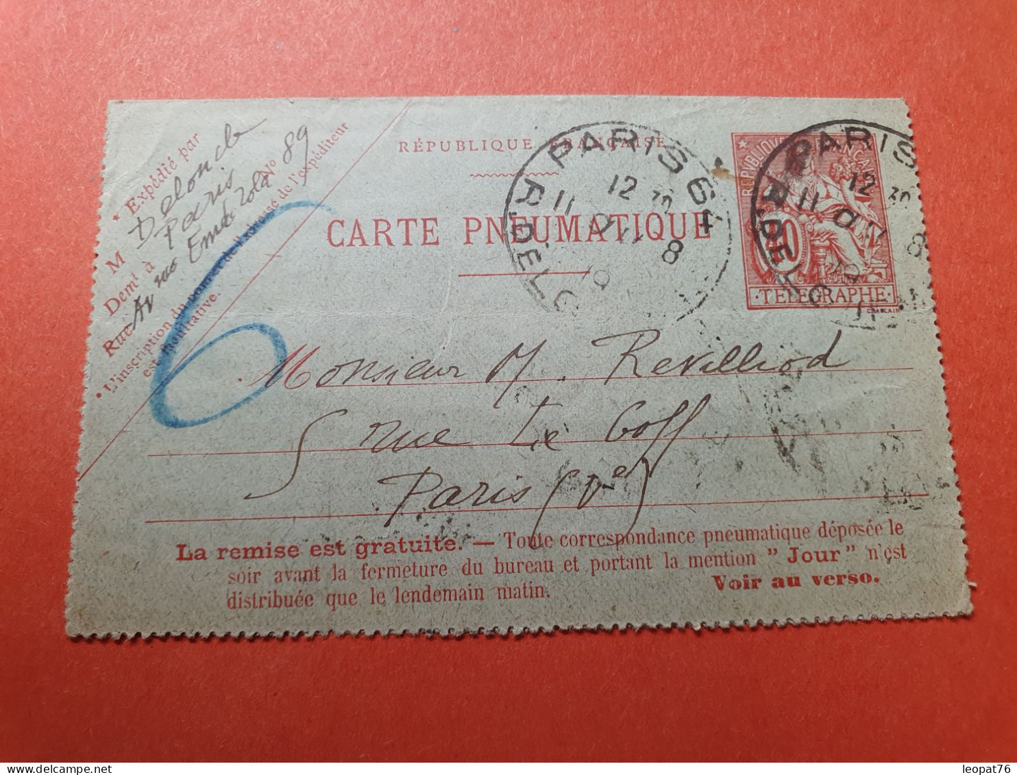 Carte Lettre Pneumatique De Paris Pour Paris En 1919 - Réf 3183 - Pneumatic Post