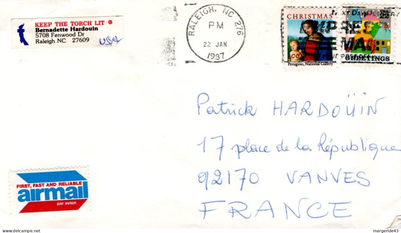 USA ETATS UNIS AFFRANCHISSEMENT COMPOSE SUR LETTRE DE RALEIGH POUR LA FRANCE 1987 - Cartas & Documentos