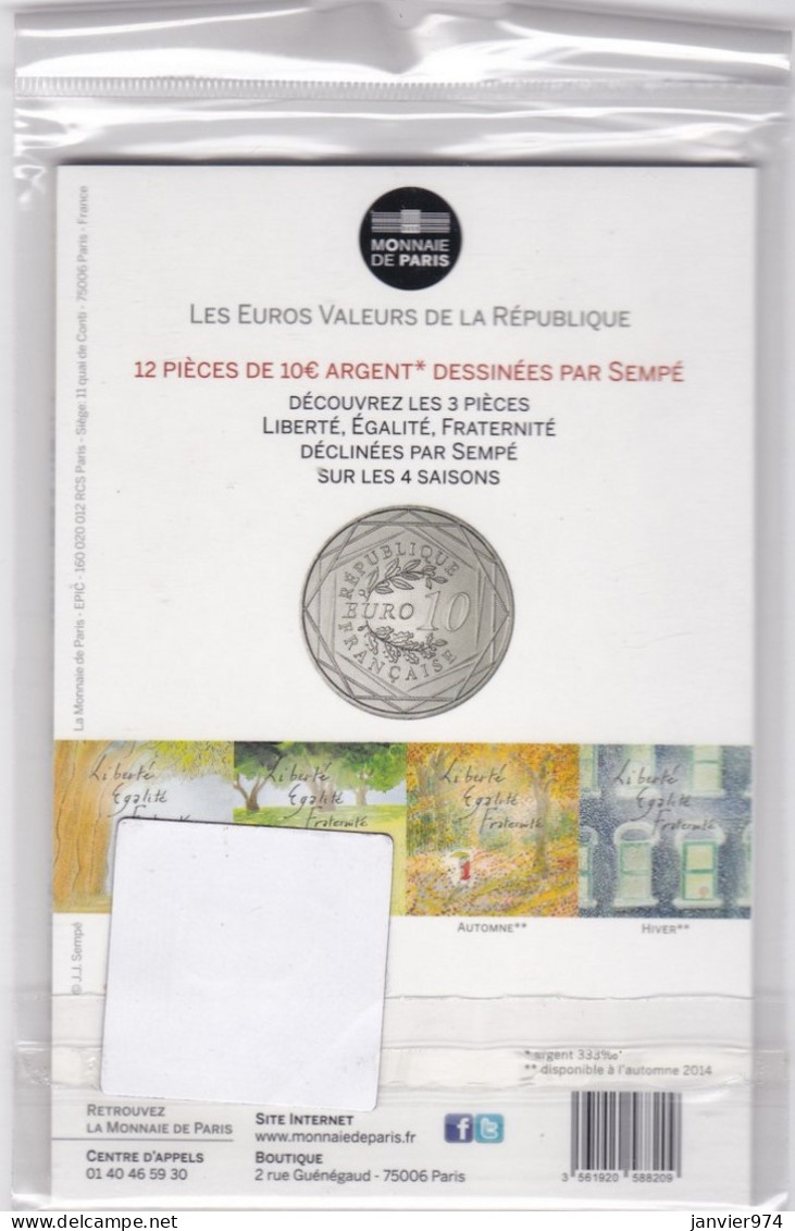 10 Euro 2014 Hiver Egalité Sempé, En Argent, Sous Blister, FDC - Frankreich