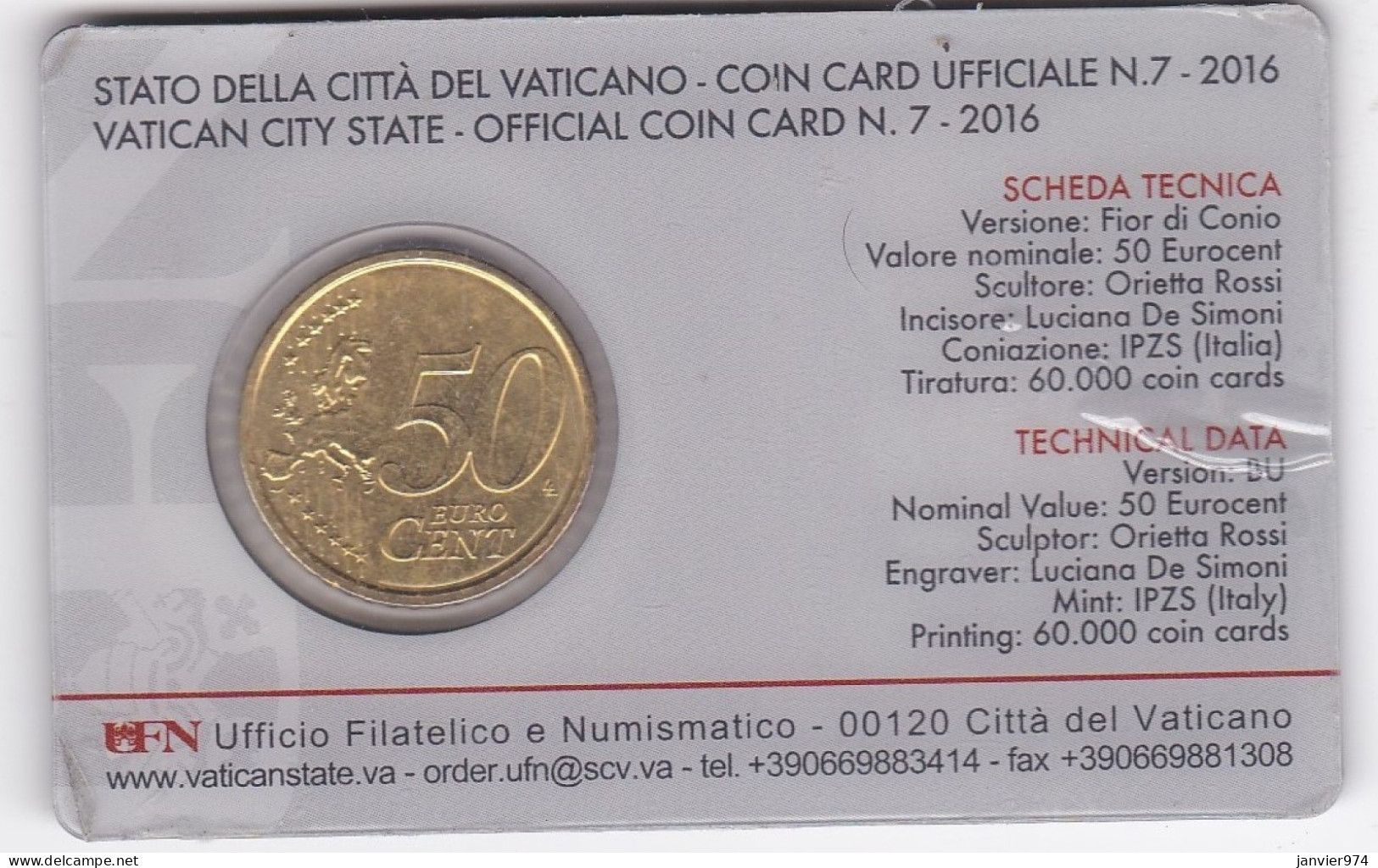 Cité Du Vatican 50 Euro Cent 2016 Rome, Coin Card N° 7 - Vaticano