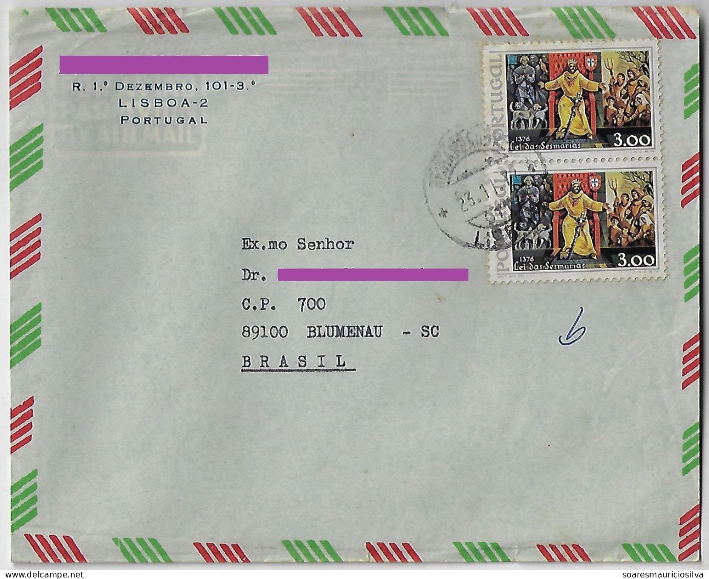 Portugal 1977 Airmail From Lisboa Agency Restauradores Sent To Blumenau Brazil Stamp Act Sesmarias King Ferdinand I - Covers & Documents