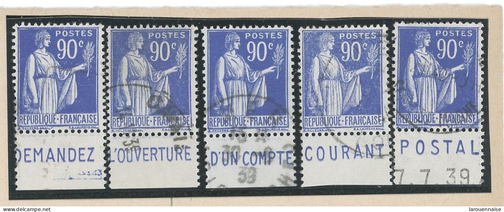 BANDE PUB -N°370 -TYPE PAIX -90 C BLEU  X 5 - Obl  PUBCCP/DEMANDEZ-L'OUVERTURE -D'UN COMPTE-COURANT-POSTAL (MAURY 251 ) - Usati