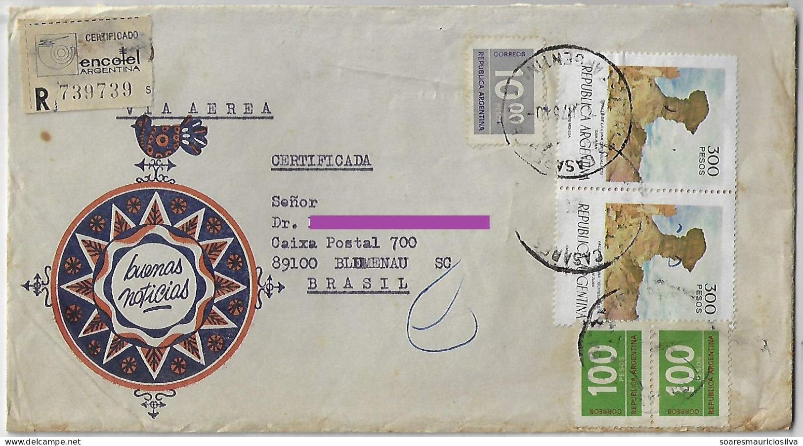 Argentina 1978 Registered Cover From Carlos Casares To Blumenau Brazil 5 Stamp The Valley Of The Moon + Definitive - Storia Postale