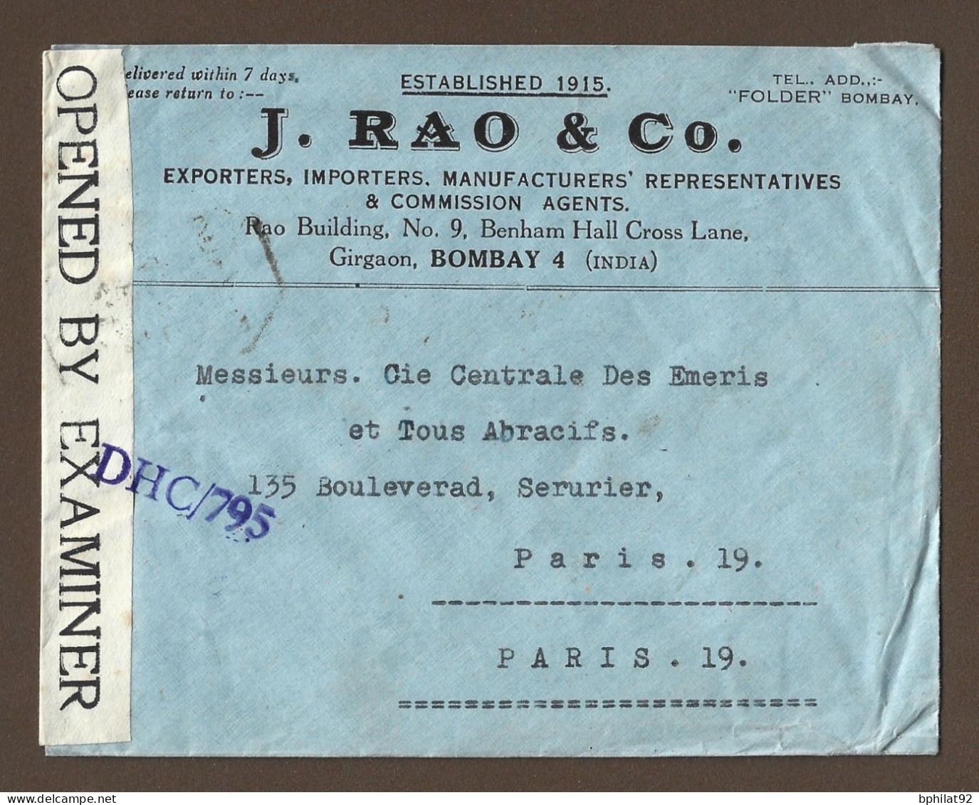 !!! INDE, LETTRE DE BOMBAY POUR PARIS, AVEC MARQUE DE CENSURE, 1939/1945 - 1936-47 King George VI