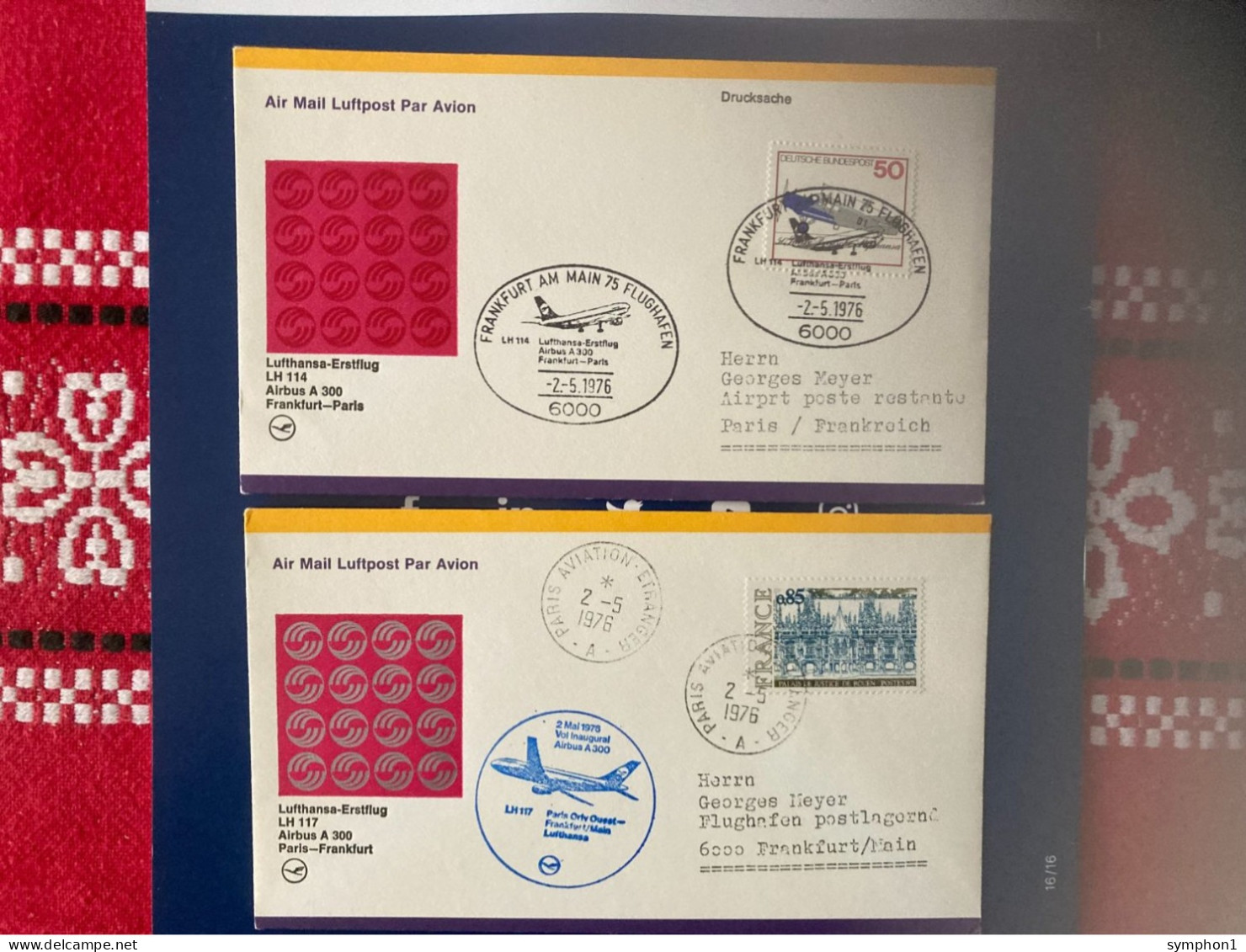 2 Enveloppes FDI De Lufthansa De 1976 Pour Le 1er Vol Airbus Sur Frankfort - Paris Et Retour - 1971-1980