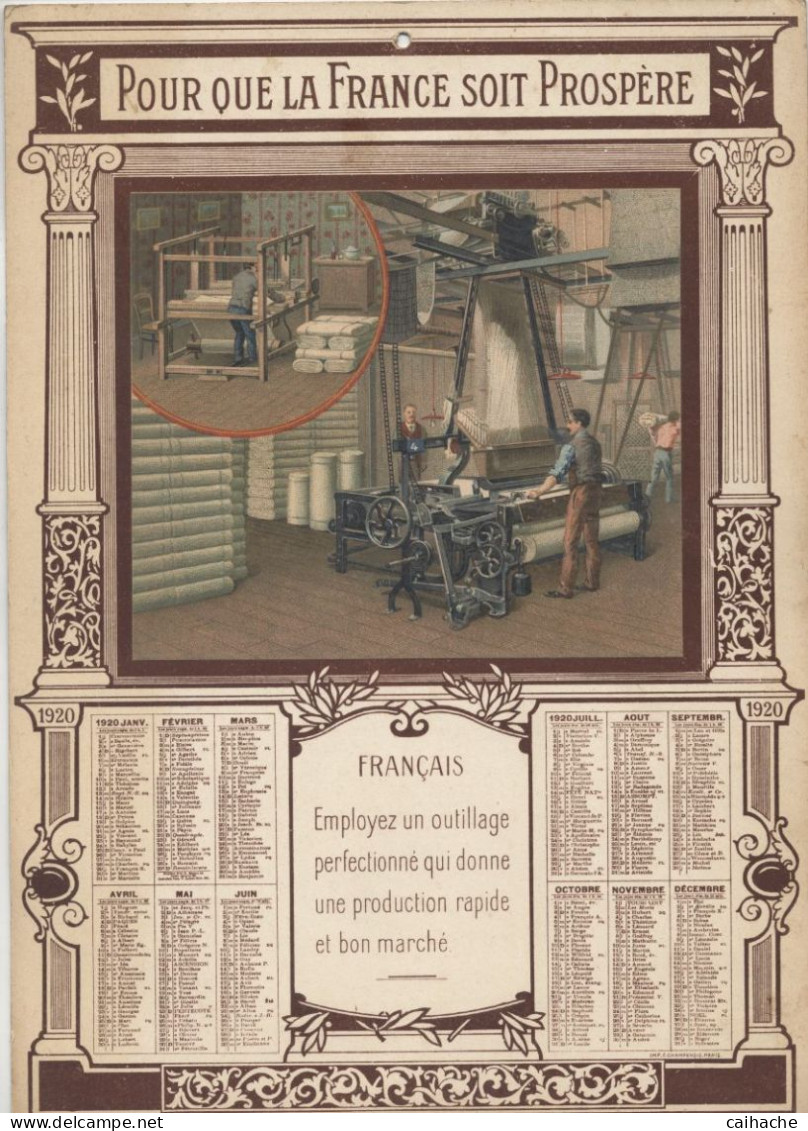 Calendrier 1920 - Pour Que La France Soit Prospère - Voir Scan Du Dos - - Grand Format : 1901-20