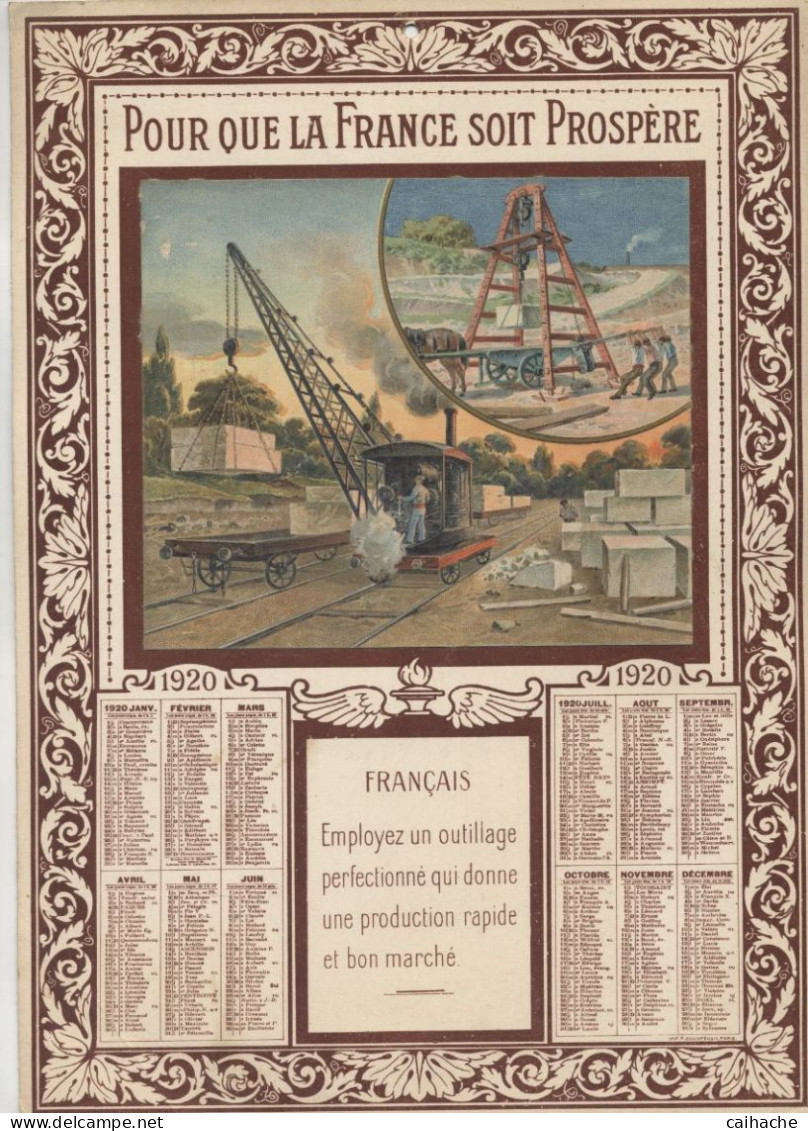 Calendrier 1920 - Pour Que La France Soit Prospère - Voir Scan Du Dos - - Groot Formaat: 1901-20
