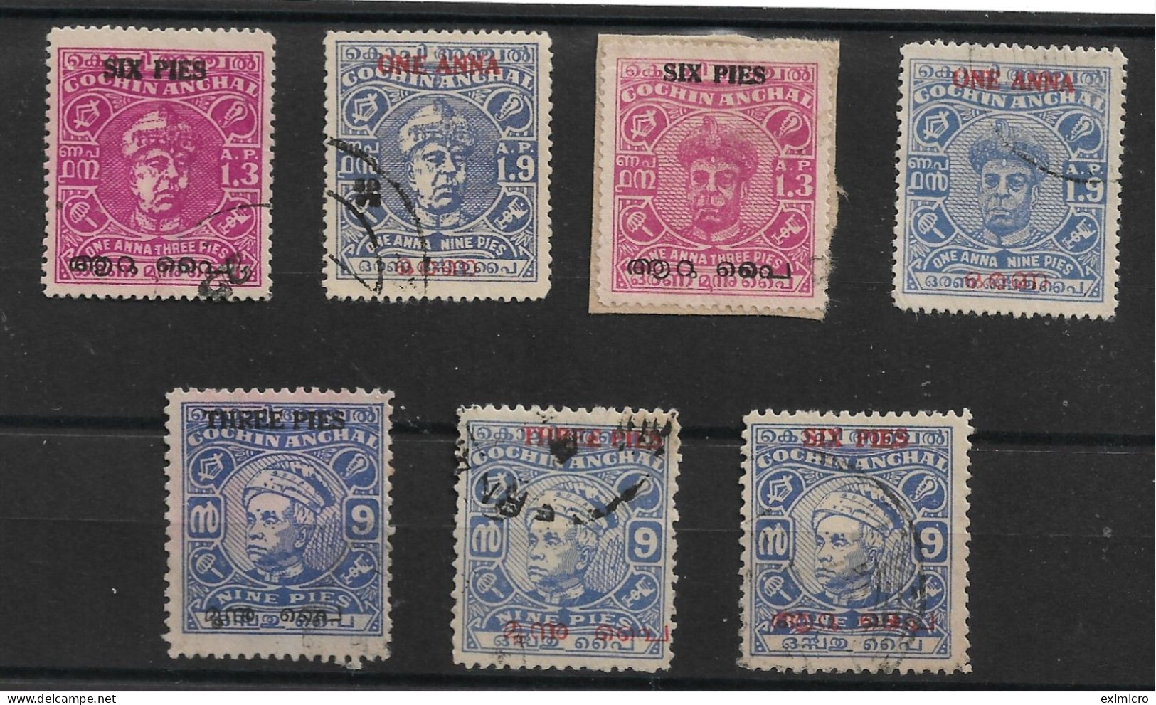 INDIA - COCHIN 1949 SURCHARGES SG 119, 120, 122 (on Piece), 123, 124, 125, 126 FINE USED Cat £39 - Cochin