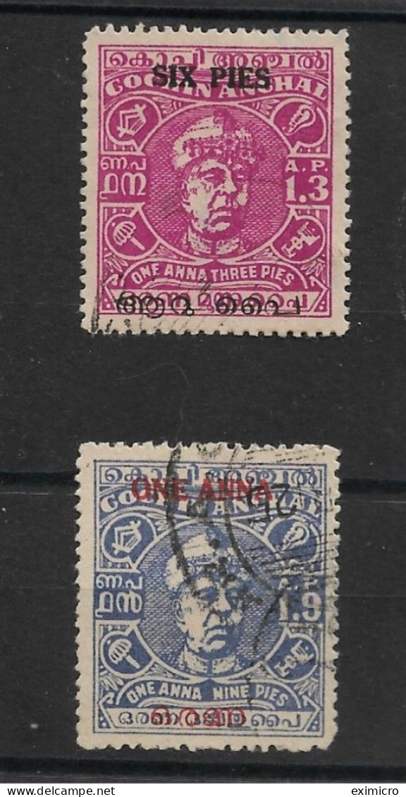 INDIA - COCHIN 1949 6p On 1a 3p, 1a On 1a 9p SG 119, 120 FINE USED Cat £9.25 - Cochin