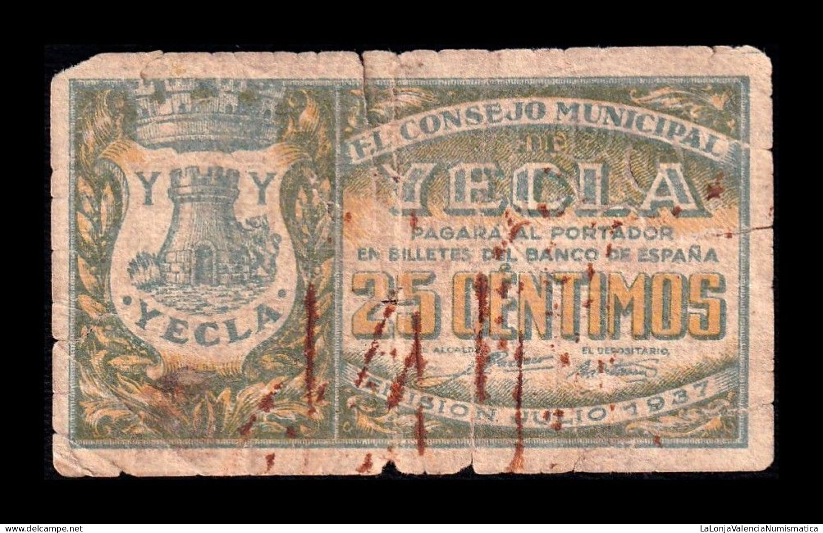 España Spain Billete Local Guerra Civil Yecla 25 Céntimos 1937 Bc F - Other & Unclassified