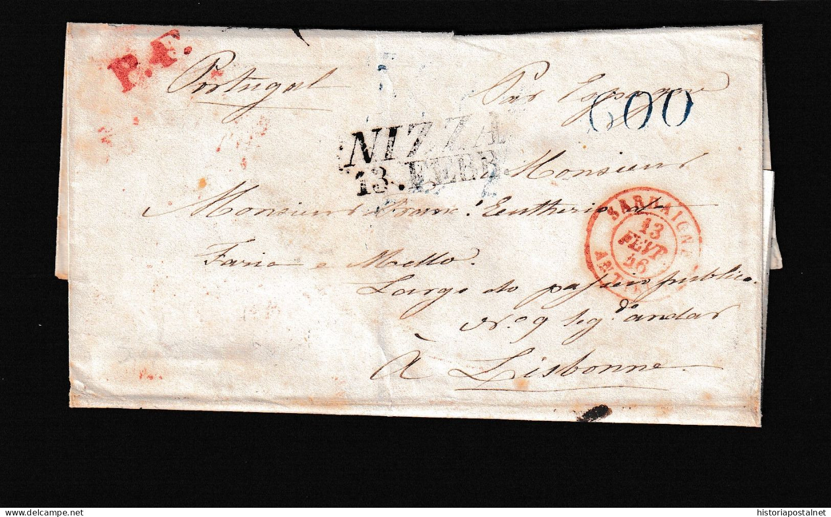 1846 NIZA (ITALIA) A LISBOA. Marca De Origen En Negro Y Tránsito Por Cerdeña. Porteo “600” Reis En Azul. - ...-1853 Prephilately