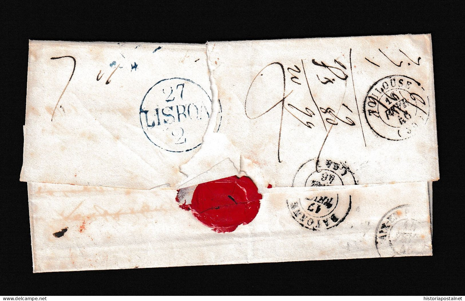 1846 NIZA (ITALIA) A LISBOA. Marca De Origen En Negro Y Tránsito Por Cerdeña. Porteo “600” Reis En Azul. - ...-1853 Prephilately