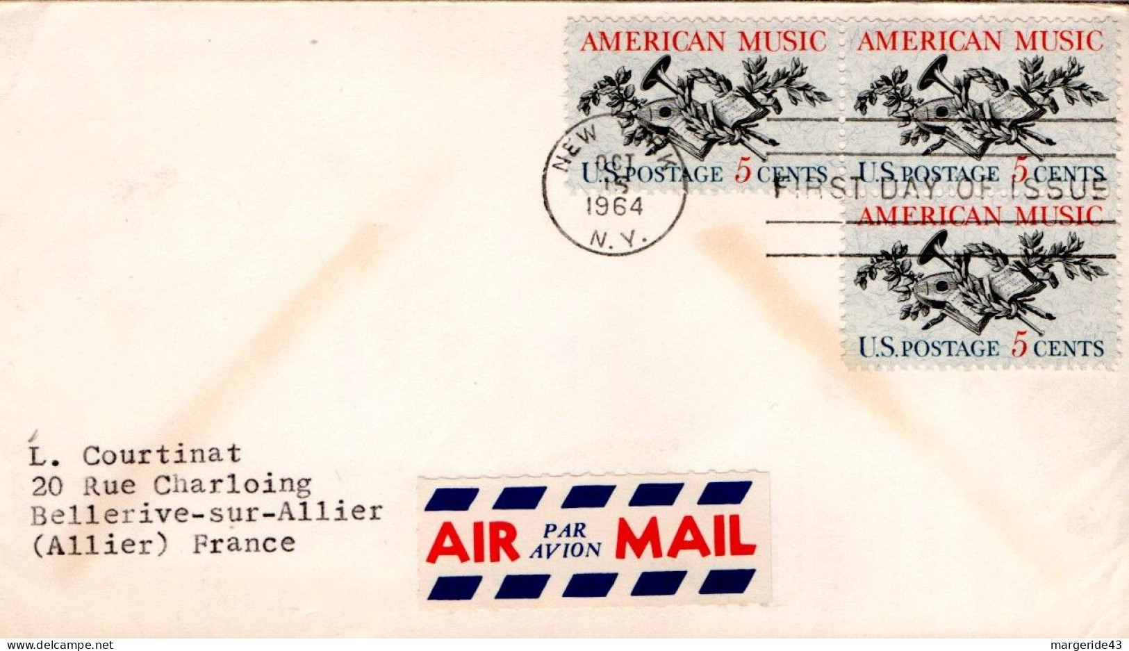 USA ETATS UNIS LETTRE FDC 1964 AMERICAN MUSIC POUR LA FRANCE - 1961-1970