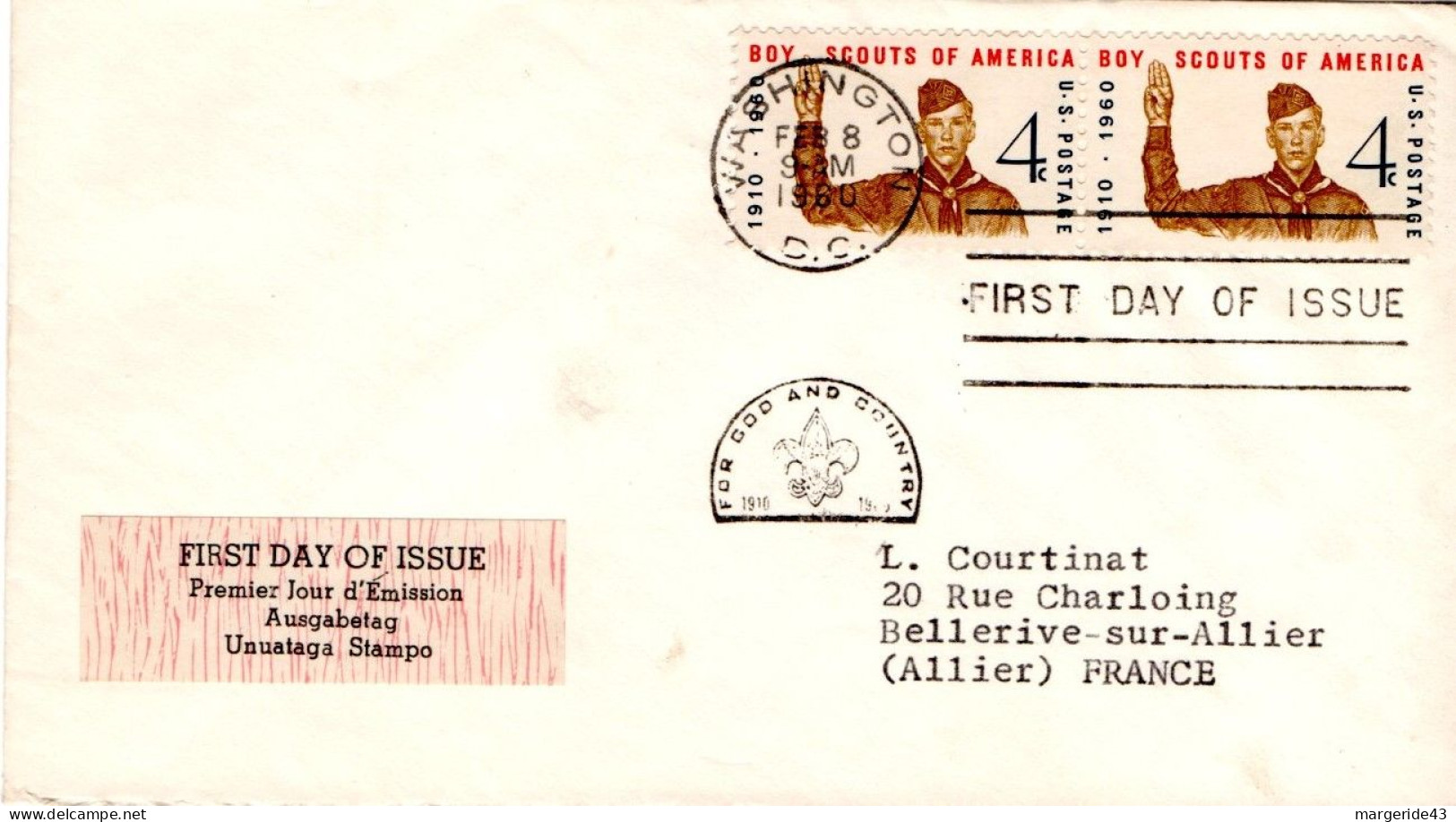 USA ETATS UNIS LETTRE FDC 1960 BOY SCOUTS OF AMERICA POUR LA FRANCE - 1951-1960