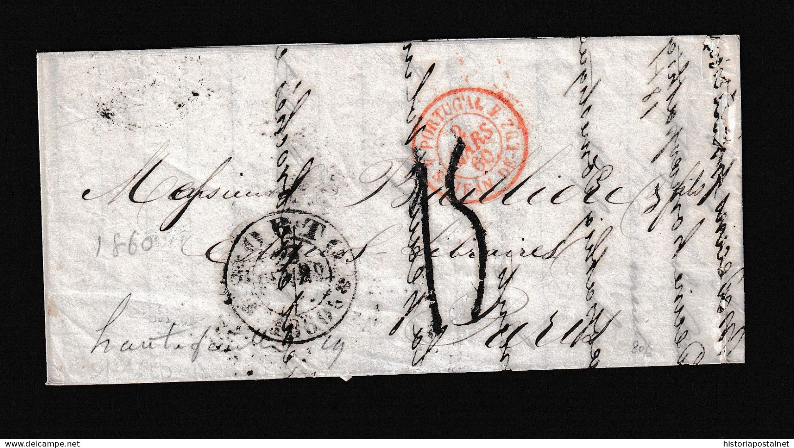 1859 PORTO TO PARIS ( FRANCE). UNFRANKED LETTER  VF ENVELOPPE. - ...-1853 Prephilately