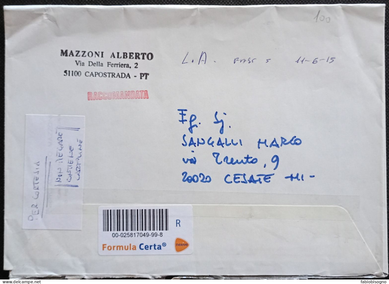 Capostrada 2015 - Lettera Raccomandata Nexive Formula Certa - Etichetta Label - 2011-20: Cartas & Documentos