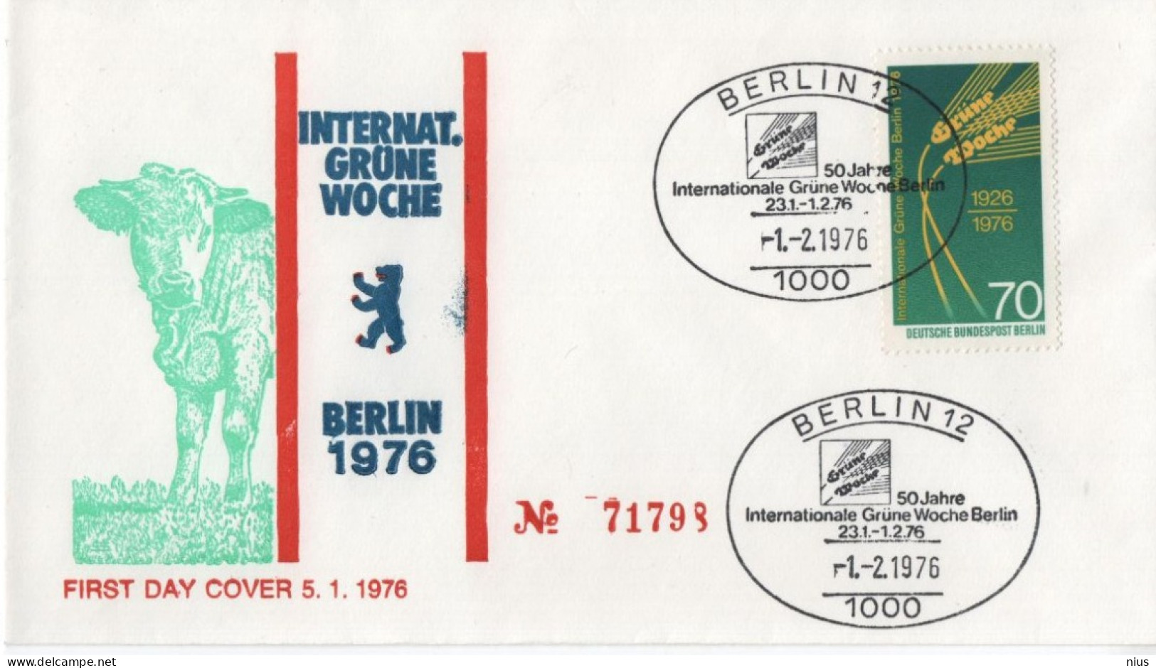 Germany Deutschland 1976 FDC Internationale Grune Woche, Cow Farming Landwirtschaft, Canceled In Berlin - 1971-1980