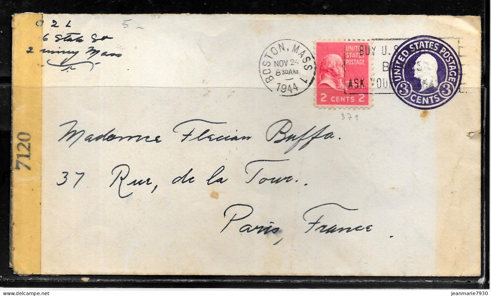 N453 - ETATS UNIS - LETTRE CENSUREE DE BOSTON DU 24/11/1944 POUR LA FRANCE - 1941-60