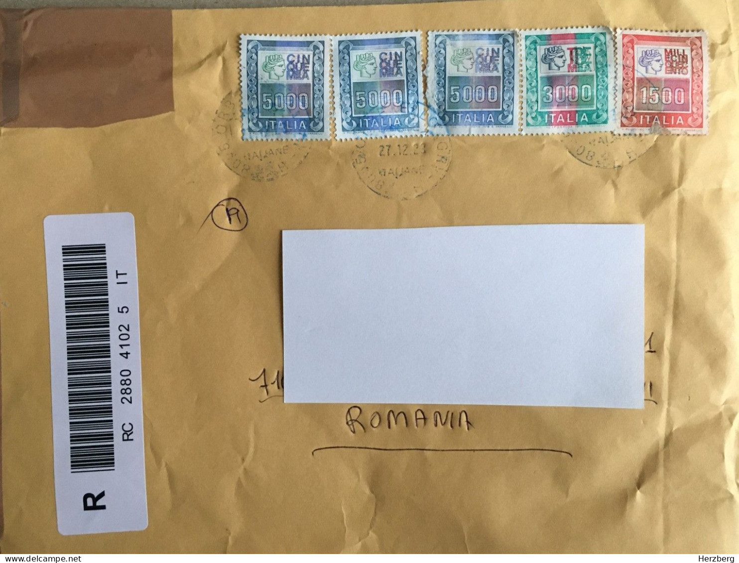 Italia Italy Used Letter Circulated Cover Stamp Registered QR Barcode Label Printed Sticker 5000 Lira 2023 - 2021-...: Gebraucht